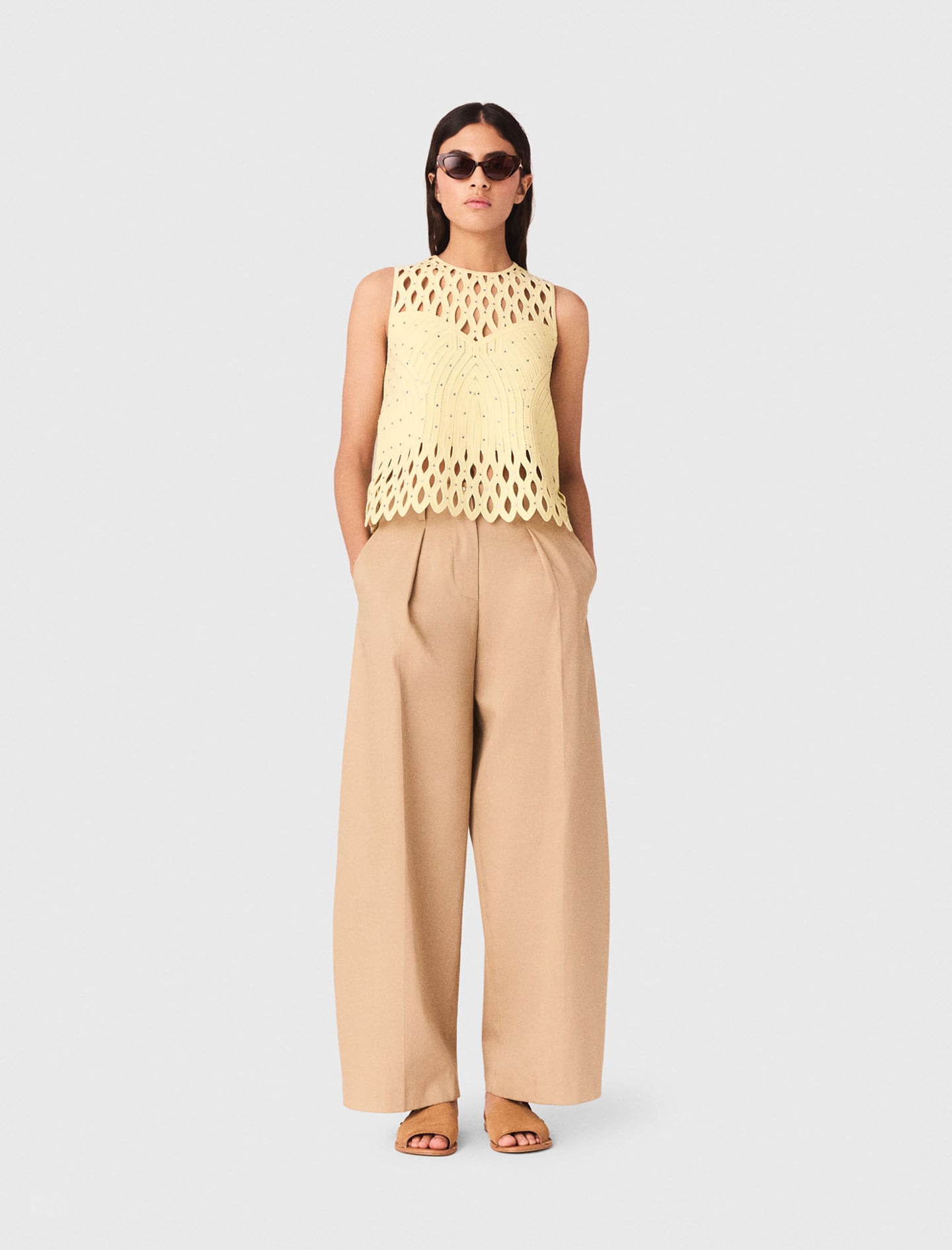 Maje Woman's polyester Crochet rhinestone top for Spring/Summer, in color Pale Yellow /