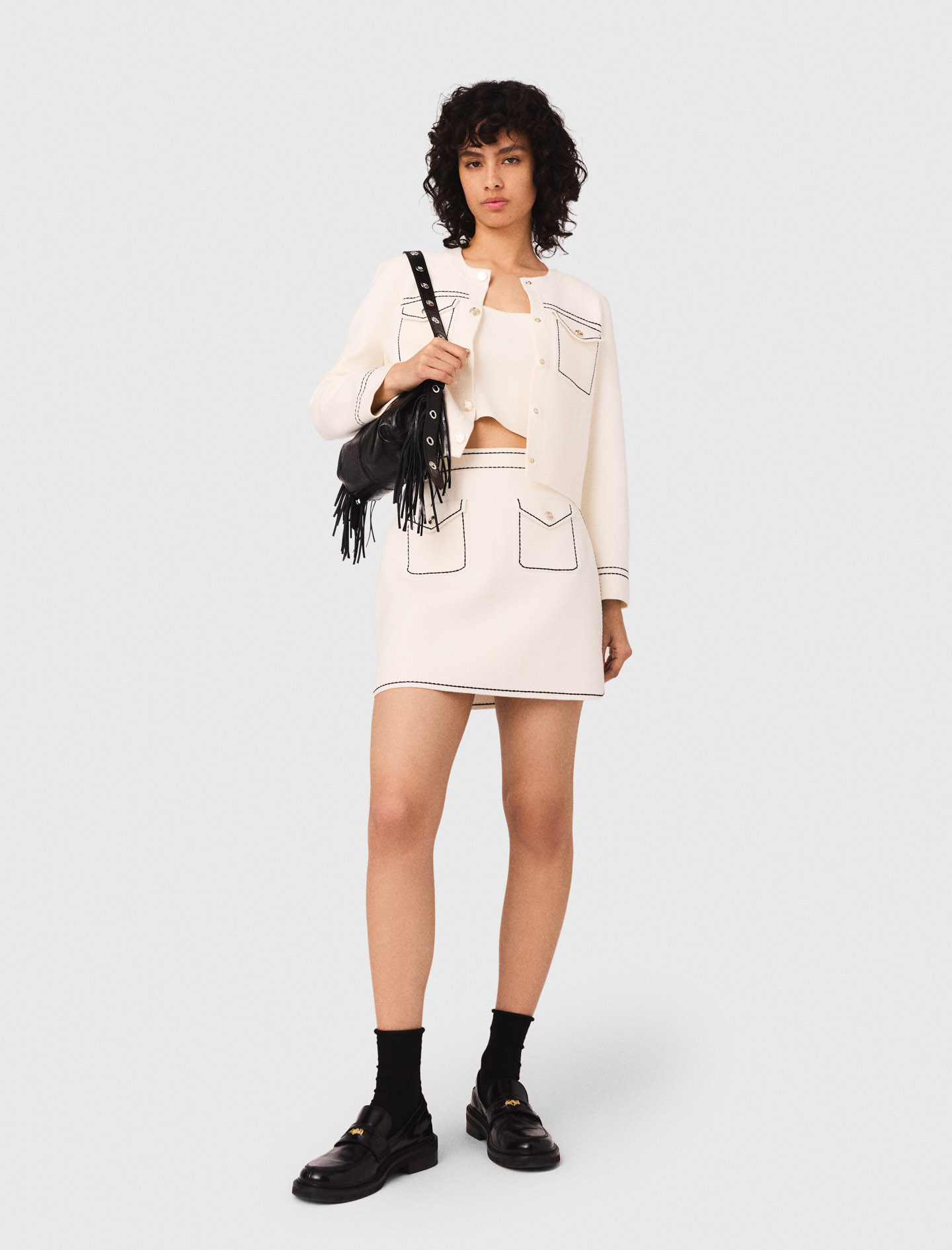 Maje Woman's cotton Mini topstitched knit skirt for Fall/Winter, in color Ecru / Beige