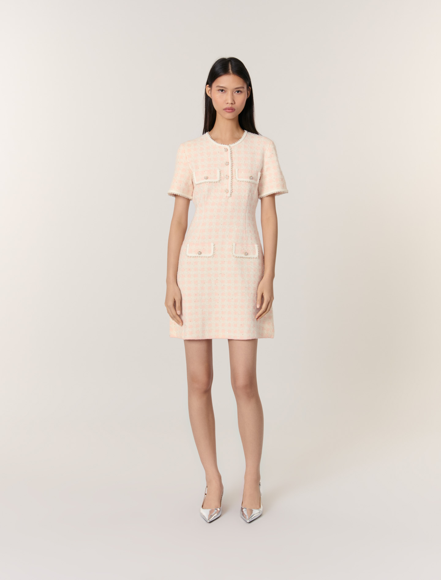 Tweed-effect knit mini dress Pink For Women | Maje