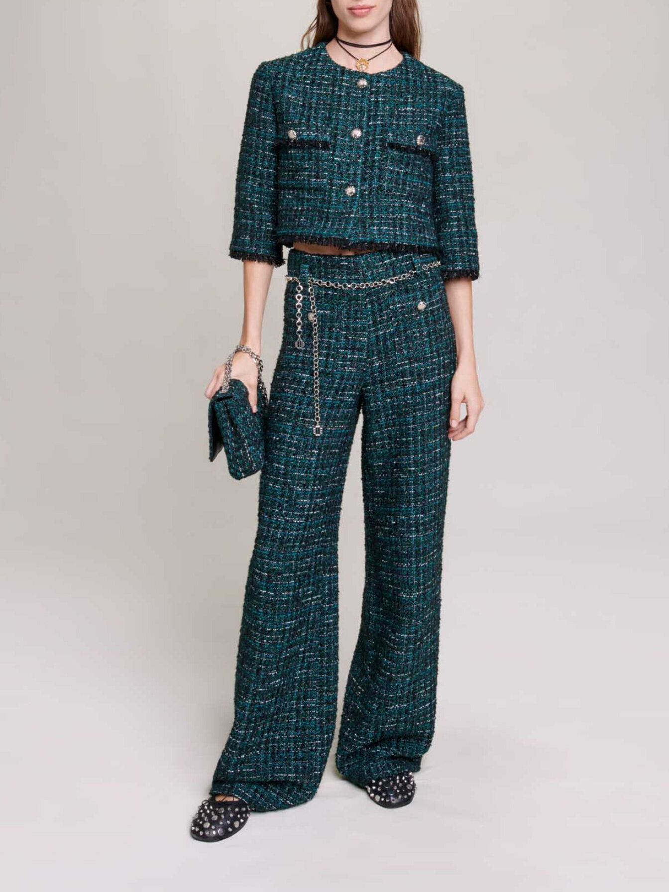 Wide-leg tweed trousers Green For Women | Maje