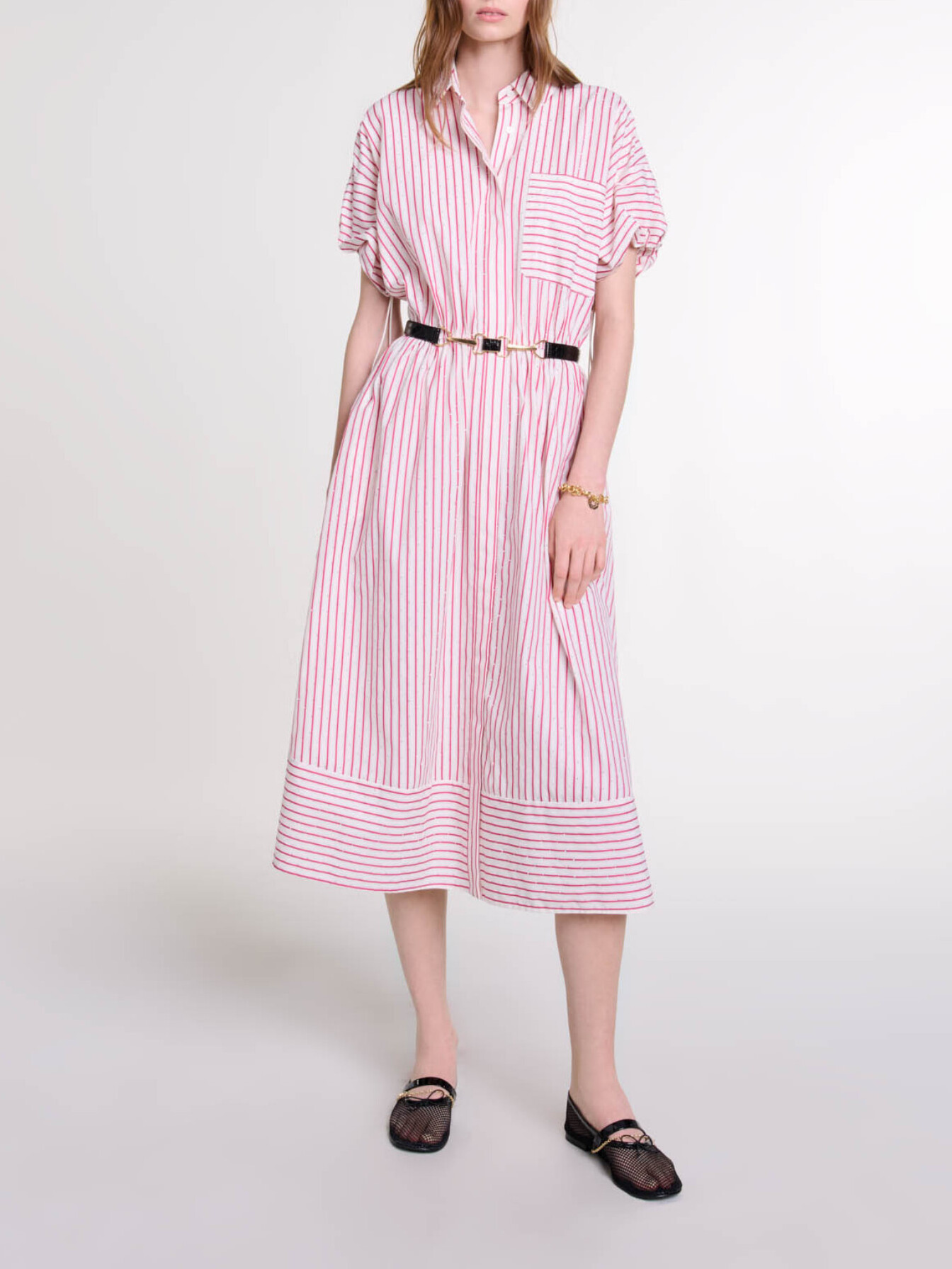 Maje Woman's polyester Striped and rhinestone maxi dress for Fall/Winter, in color Red rhinestone stripe /