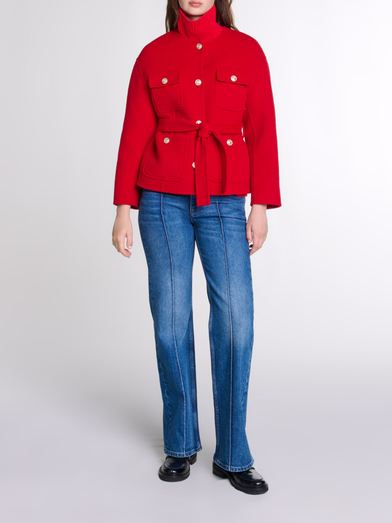 Maje Woman's wool Belted double-faced jacket for Fall/Winter, in color Red / Red