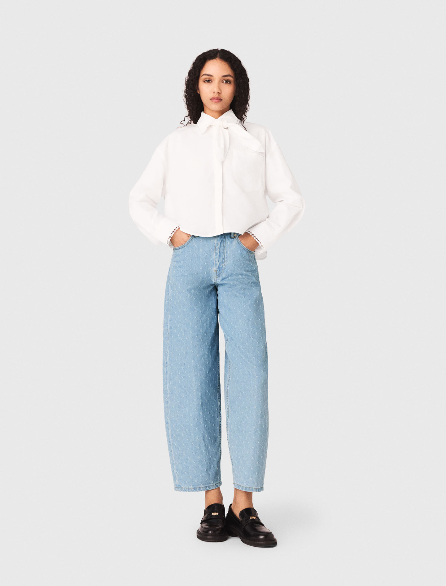 Maje Woman's cotton Textured balloon jeans for Spring/Summer, in color Blue Sky / Blue