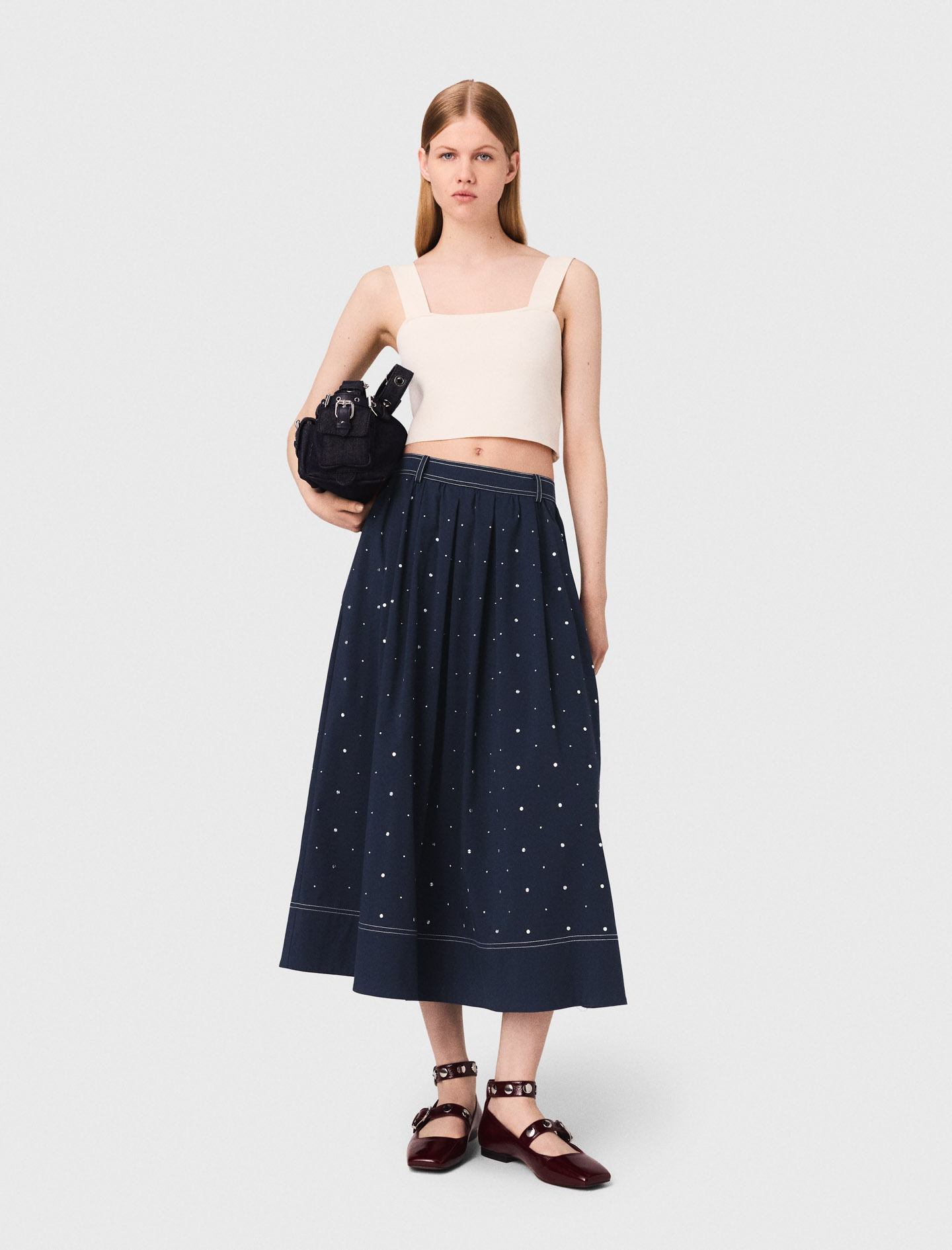 Maje Woman's cotton Studded flared cotton skirt for Fall/Winter, in color Navy / Blue