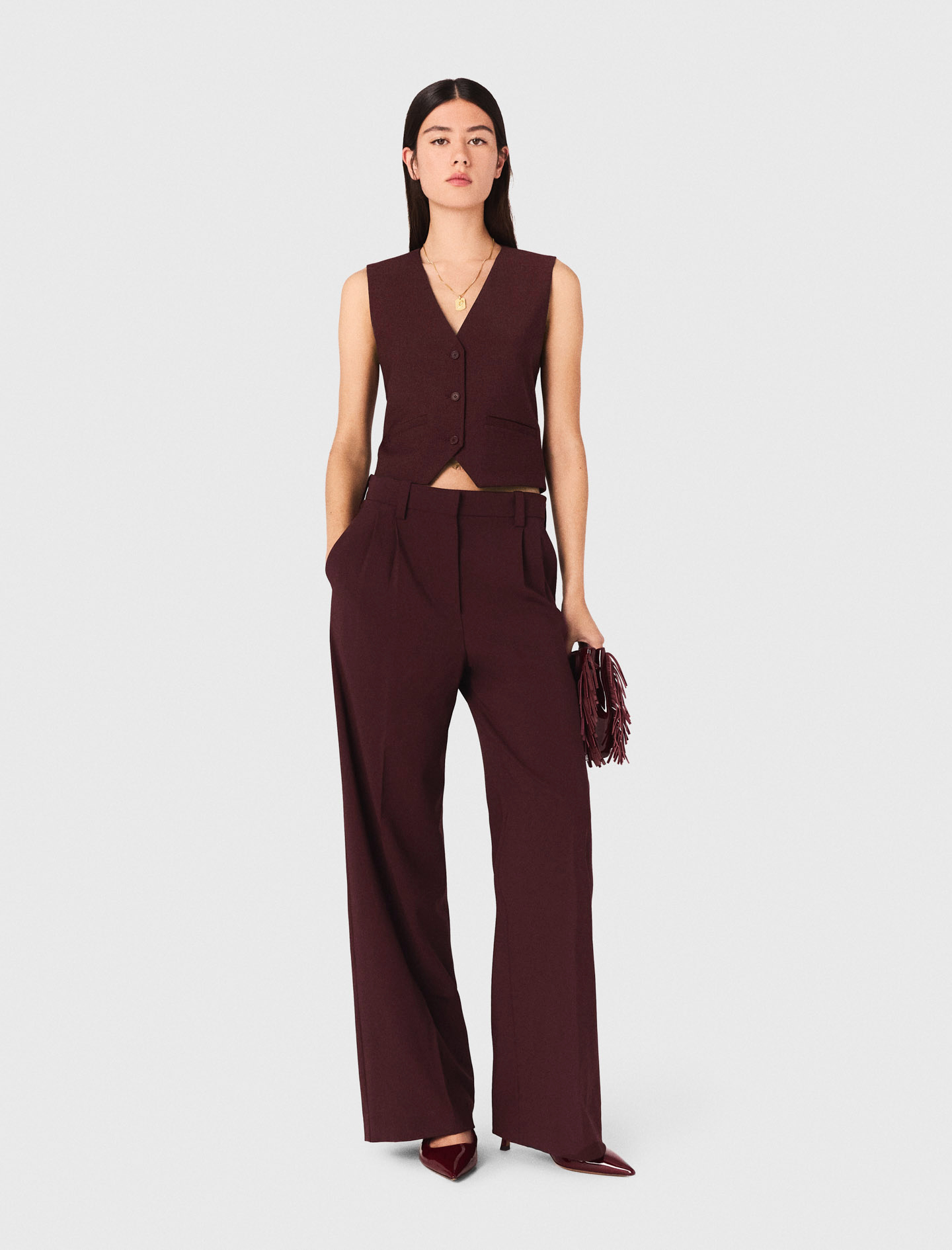 Maje Woman's wool Tailored high-waisted suit trousers for Fall/Winter, in color Burgundy /