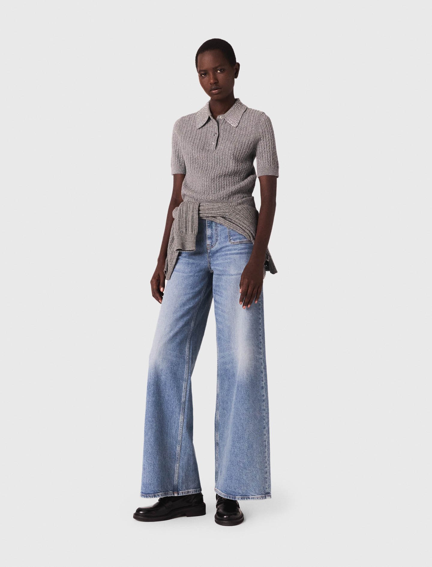 Maje Woman's wool Wool polo shirt with rhinestone collar for Fall/Winter, in color Grey / Grey