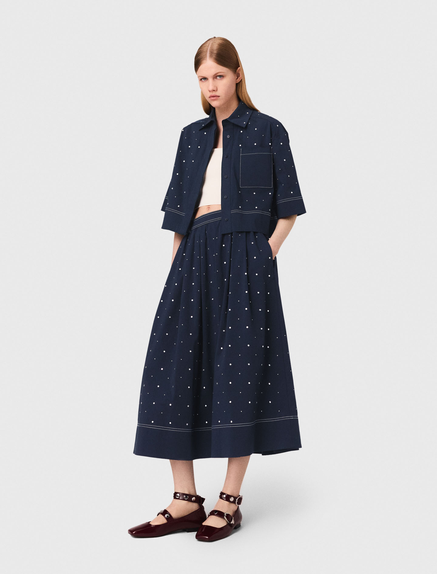 Maje Woman's cotton Cropped shirt with studs for Fall/Winter, in color Navy / Blue