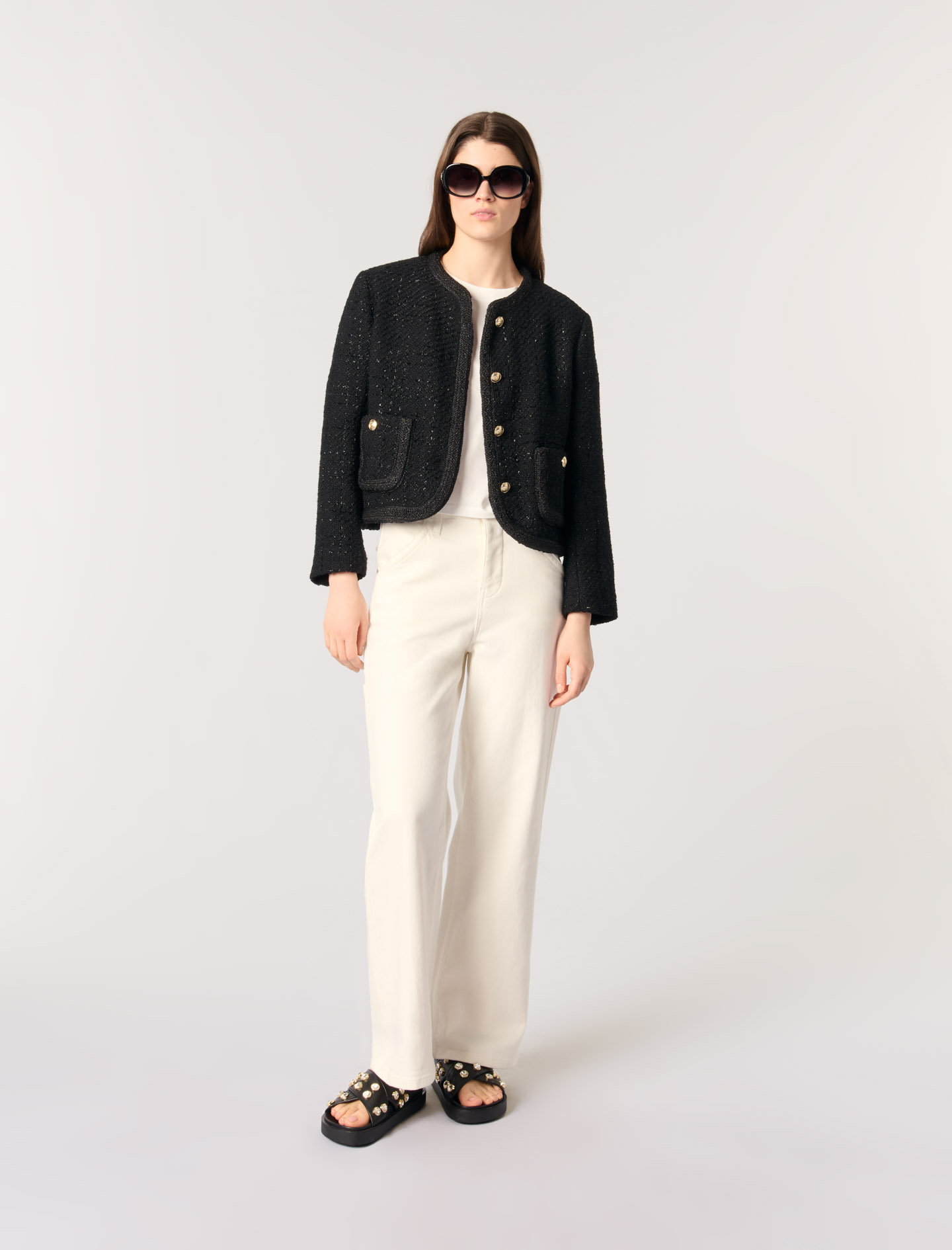 Maje Woman's polyester Short tweed jacket for Spring/Summer, in color Black / Black
