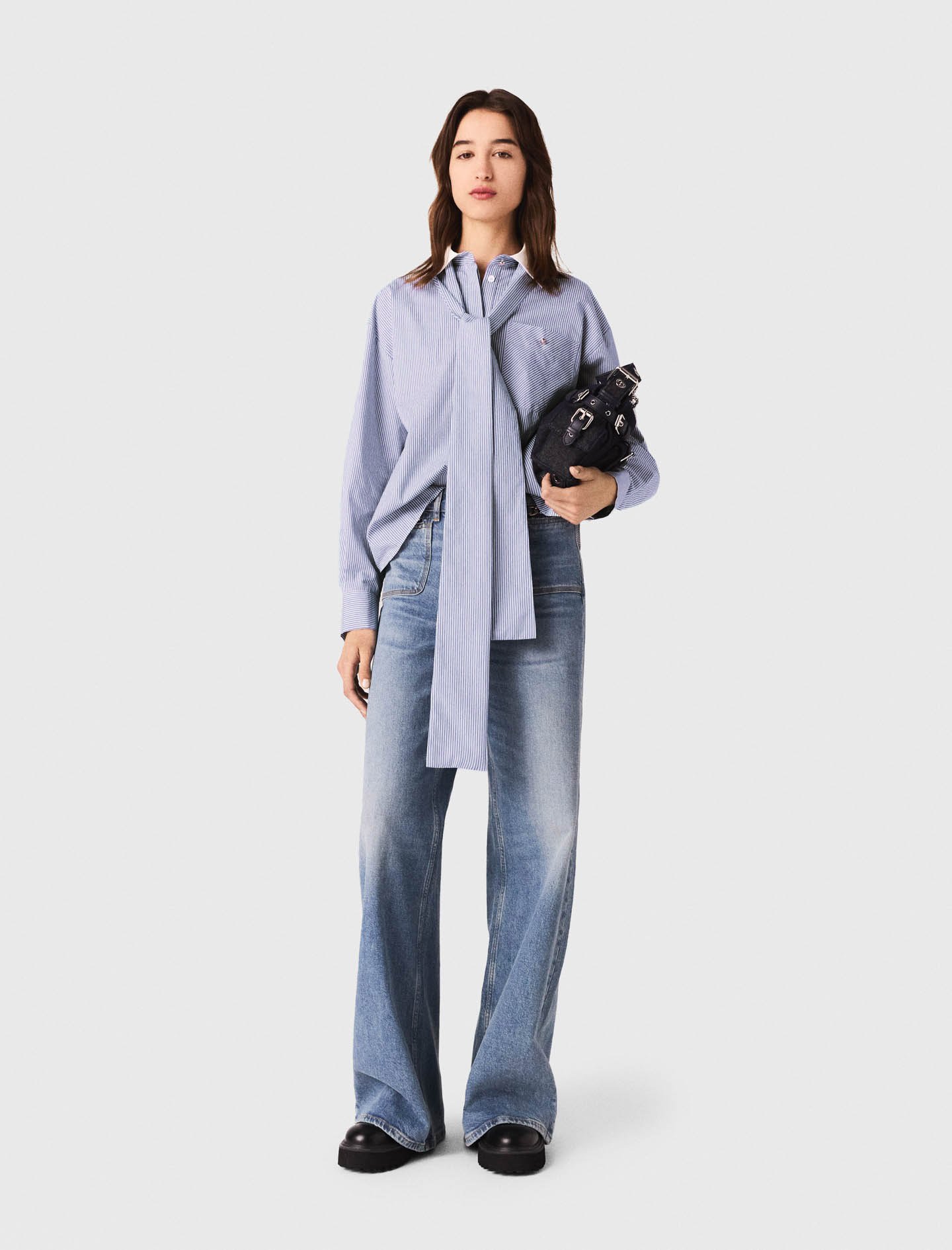 Maje Woman's cotton Striped bow shirt for Fall/Winter, in color Light Blue / Blue