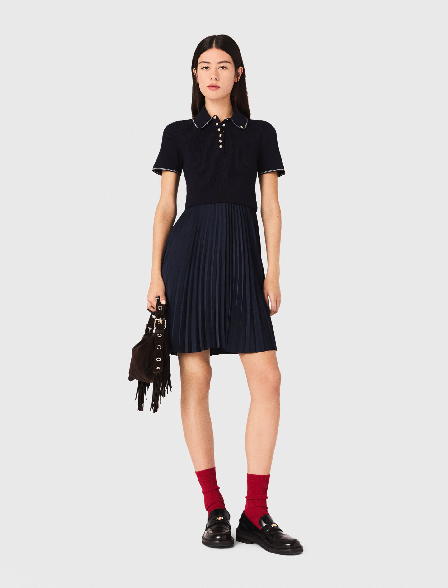 Maje Woman's viscose Mini pleated polo collar dress for Fall/Winter, in color Navy / Blue