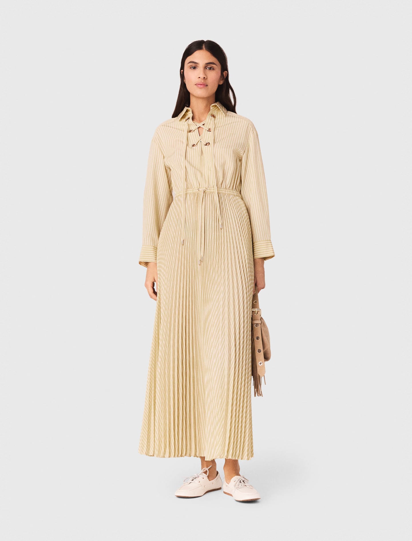 Maje Woman's polyester Eyelet pleated maxi dress for Spring/Summer, in color Pale Yellow /