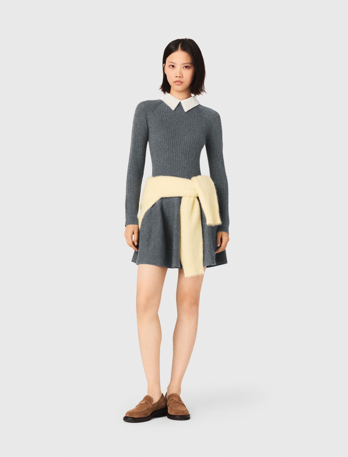 Maje Woman's acrylic Beaded-collar short knit dress for Spring/Summer, in color Grey / Grey