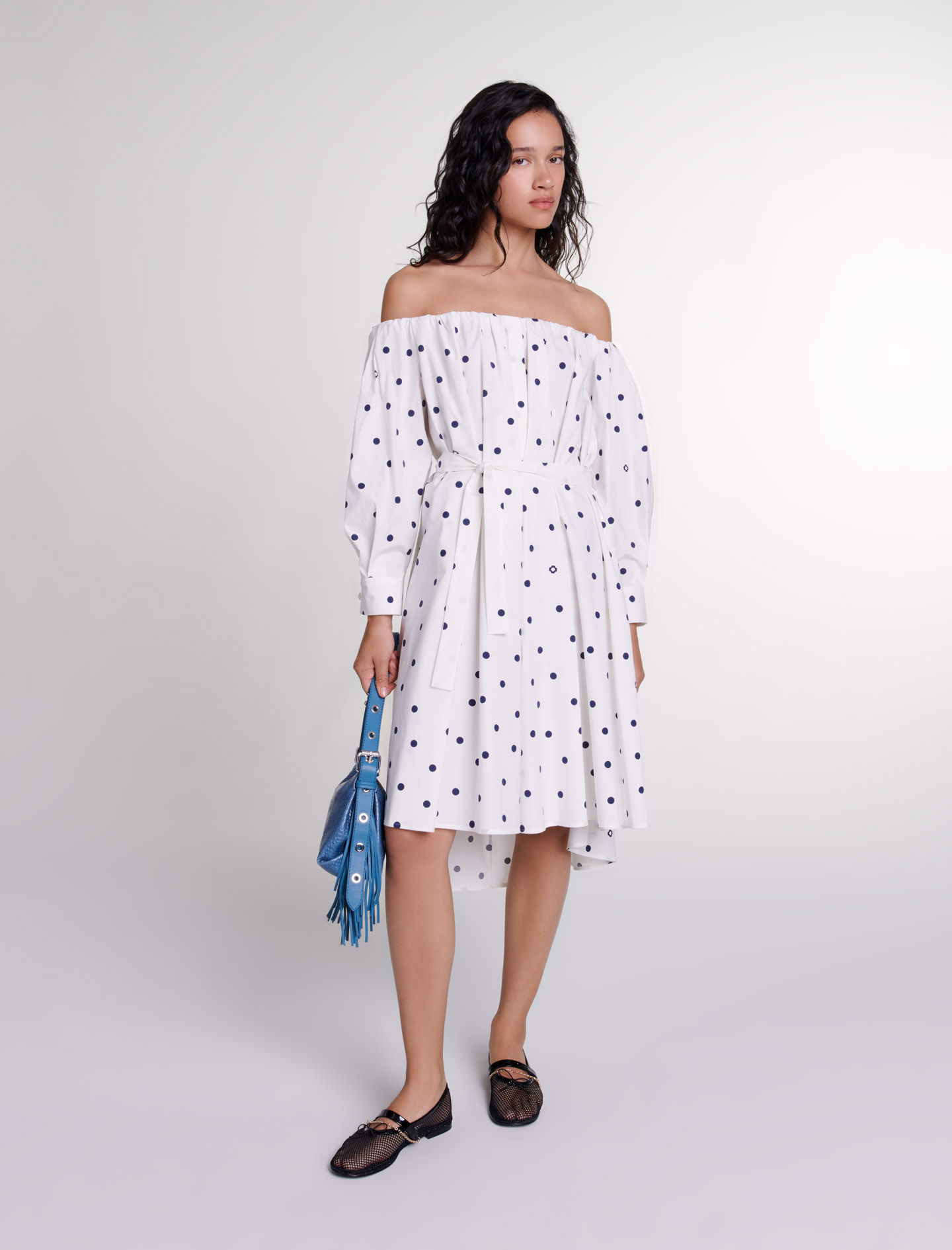 Maje Woman's cotton Shirt dress with bardot neckline for Fall/Winter, in color Navy and white dots /