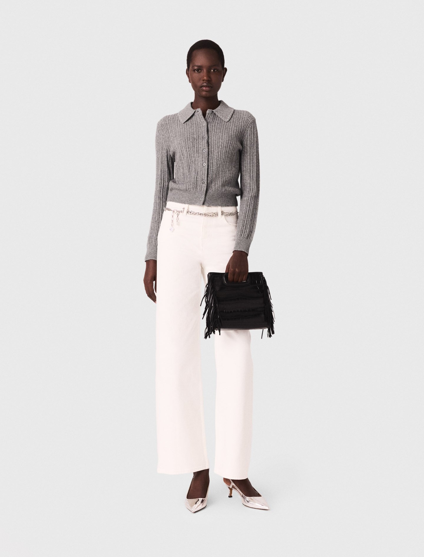 Maje Woman's wool Rhinestone collar cardigan for Fall/Winter, in color Grey / Grey