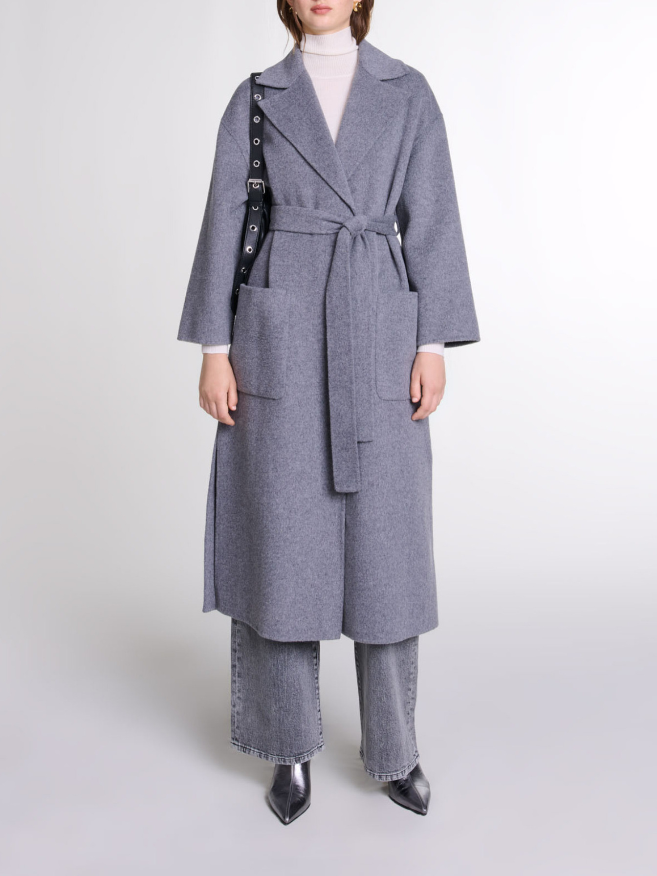 Maje Woman's wool Long double-faced coat with belt for Fall/Winter, in color Grey / Grey