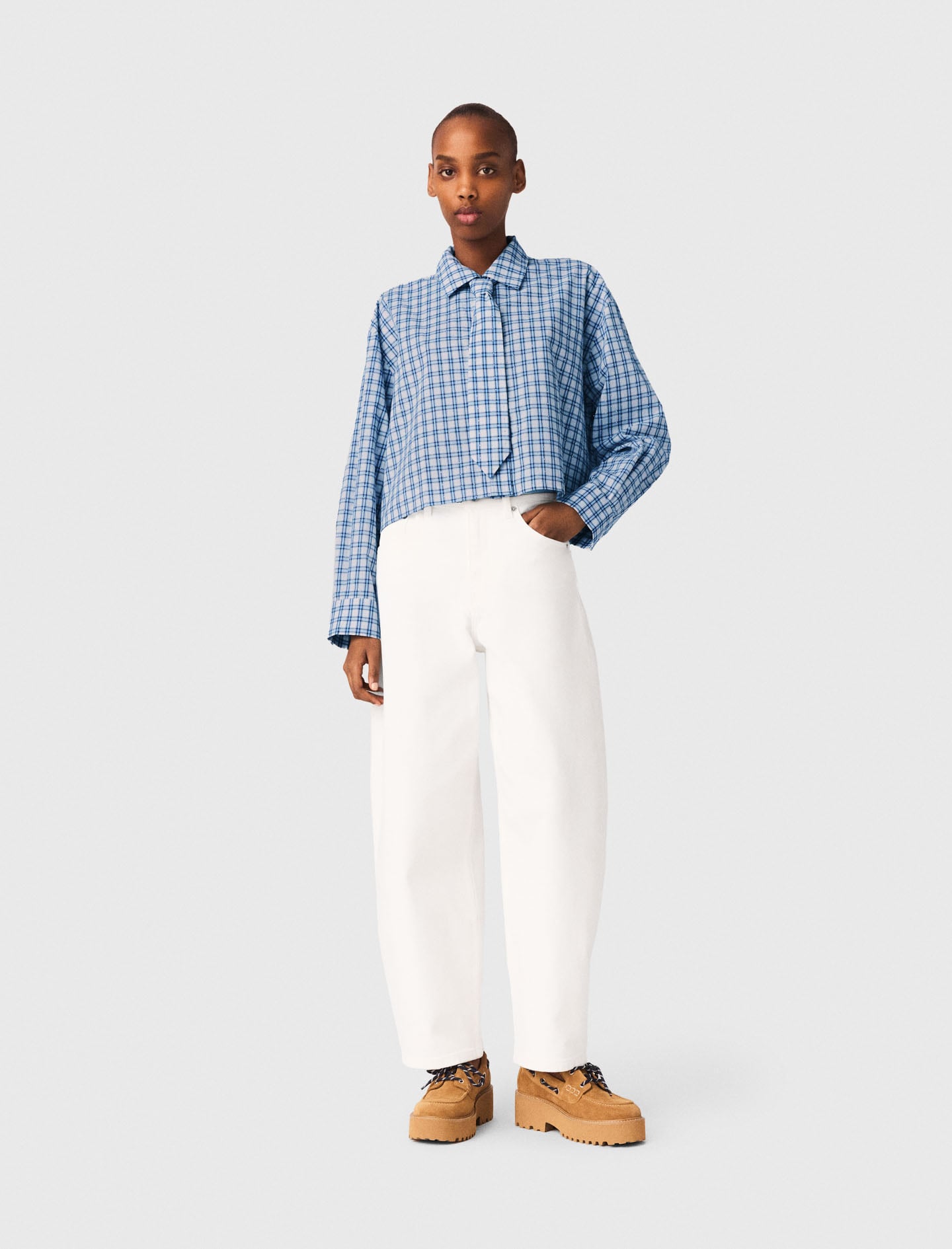 Maje Woman's cotton Rhinestone shirt with removable tie for Spring/Summer, in color Blue check print /