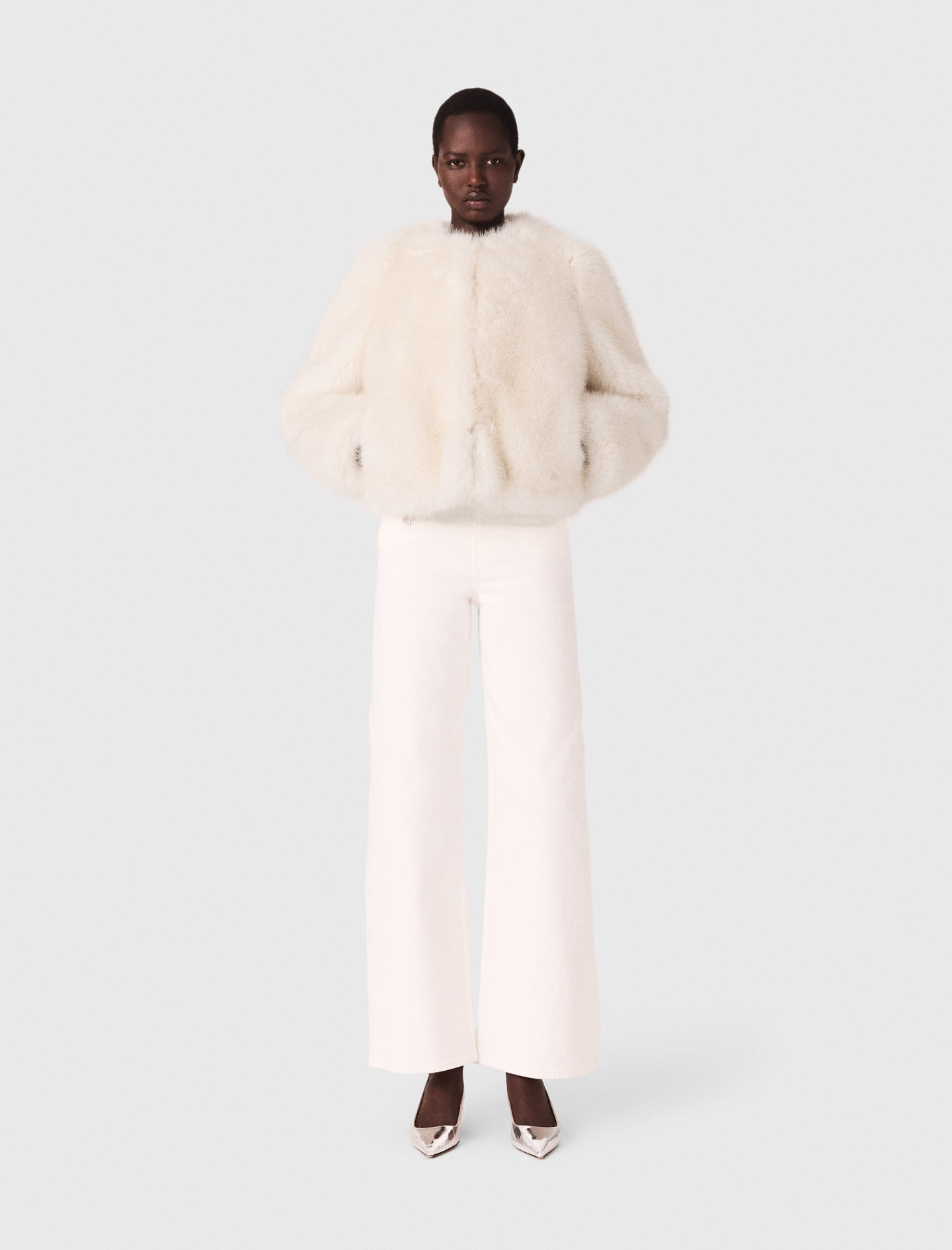 Maje Woman's polyester Short faux fur jacket for Fall/Winter, in color Ivory /