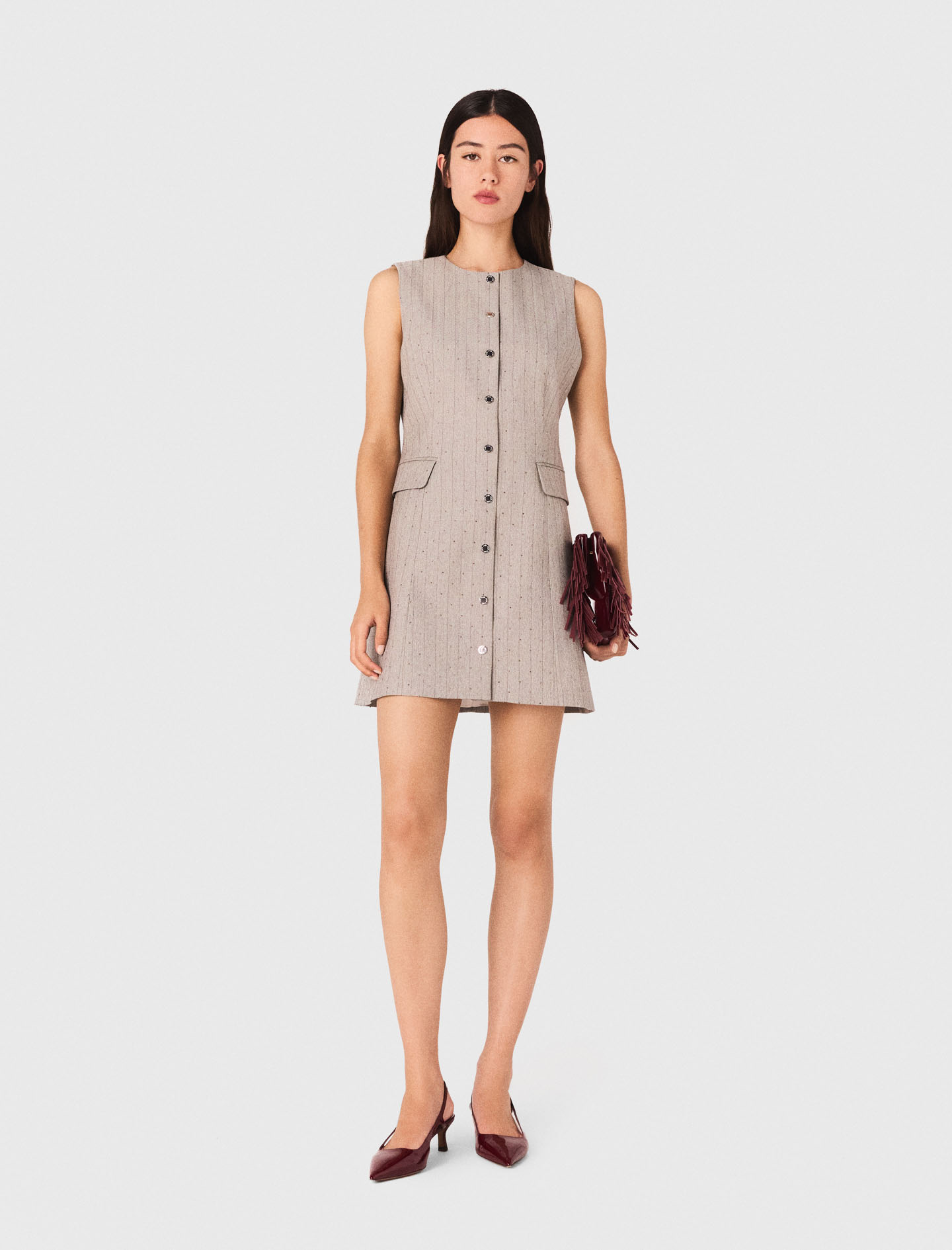 Maje Woman's polyester Mini rhinestone tailored dress for Fall/Winter, in color Light Grey / Grey