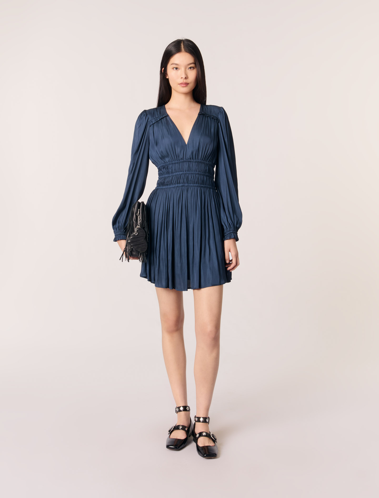 Short satin dress with ruffles Blue For Women | Maje