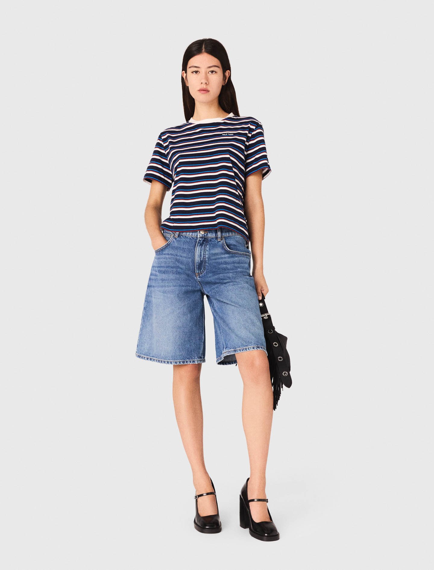 Maje Woman's cotton Striped T-shirt for Fall/Winter, in color White/Navy /