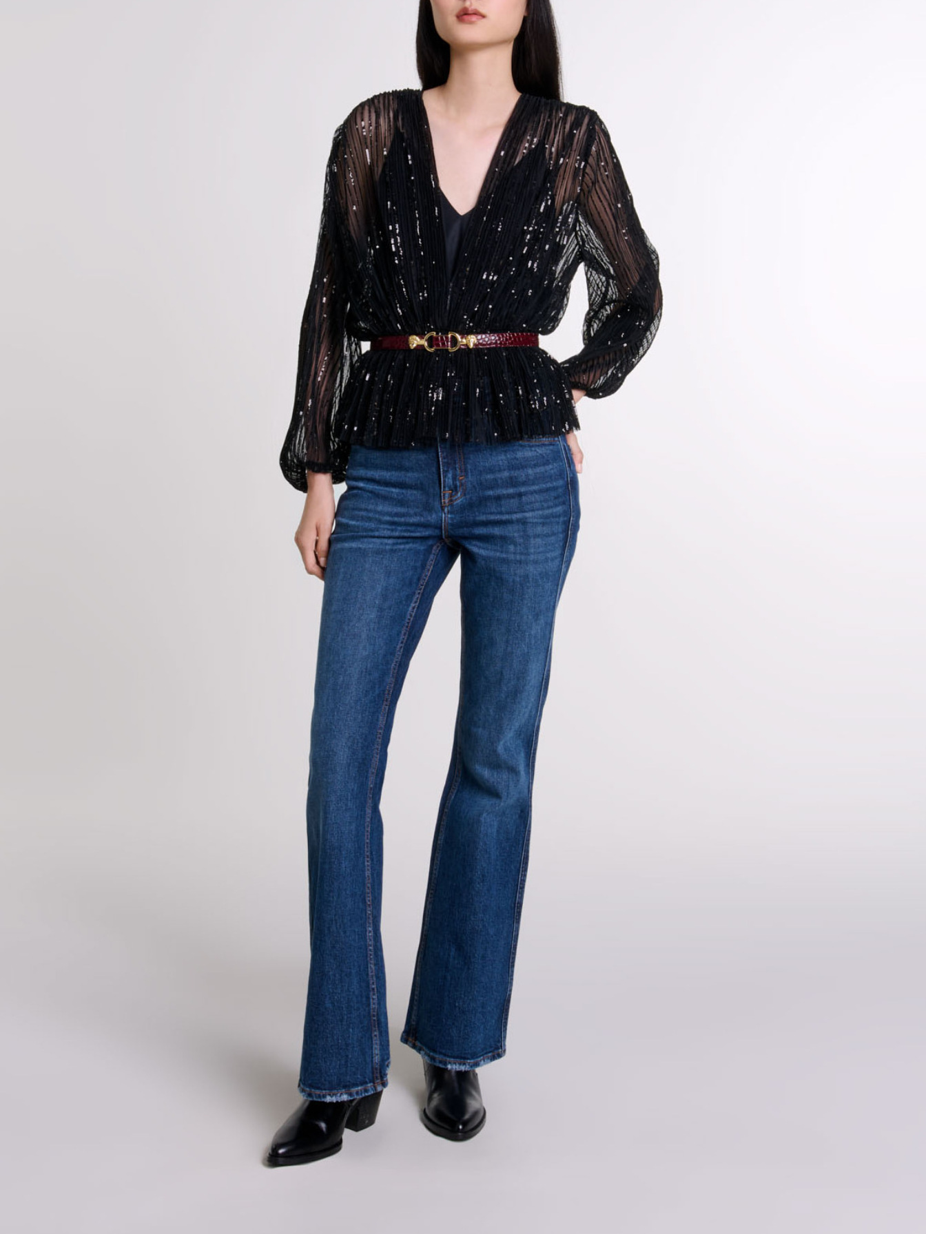 Maje Woman's polyester Belted sequin shirt for Fall/Winter, in color Black / Black