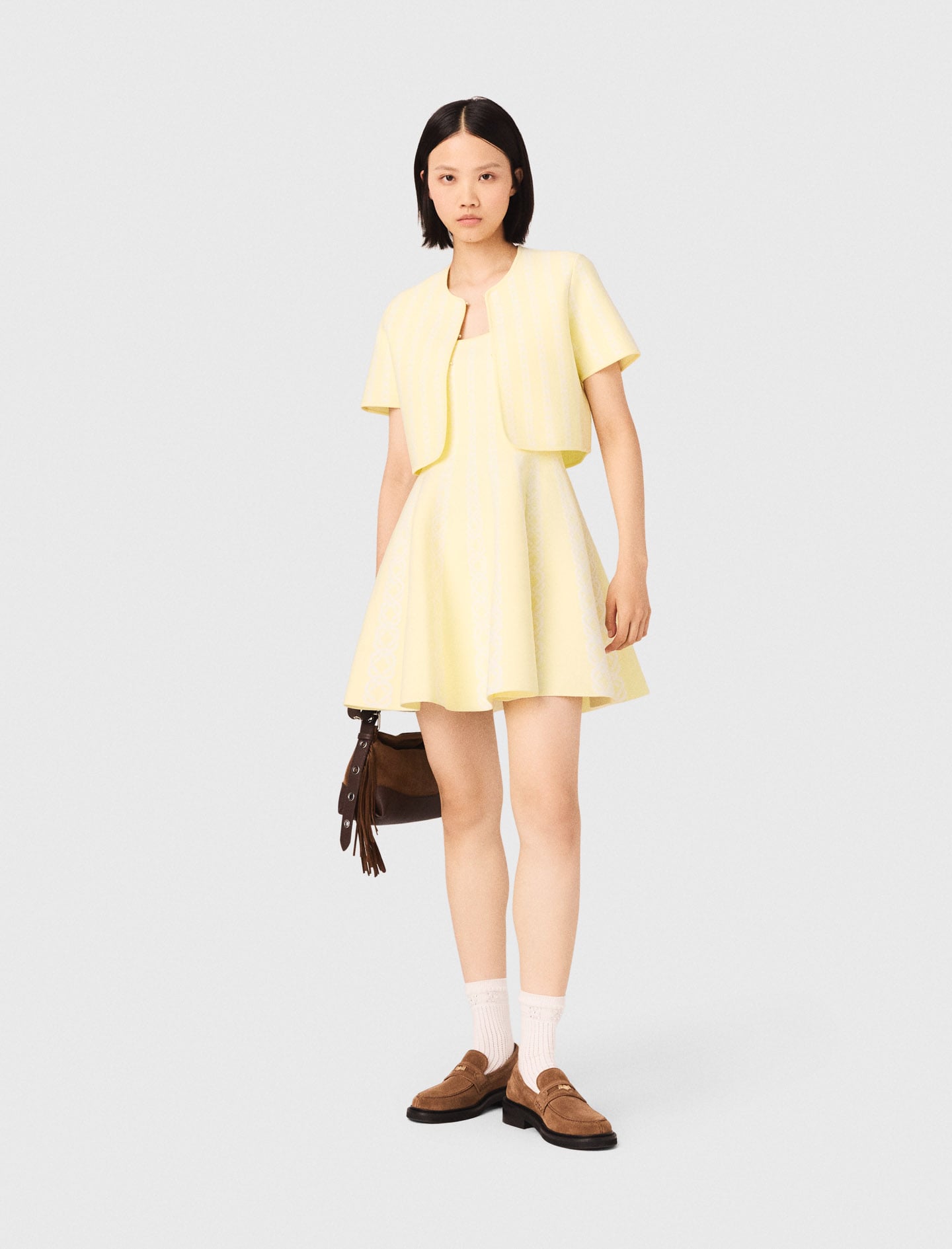 Maje Woman's polyester Cropped fancy knit cardigan for Spring/Summer, in color Pale Yellow /