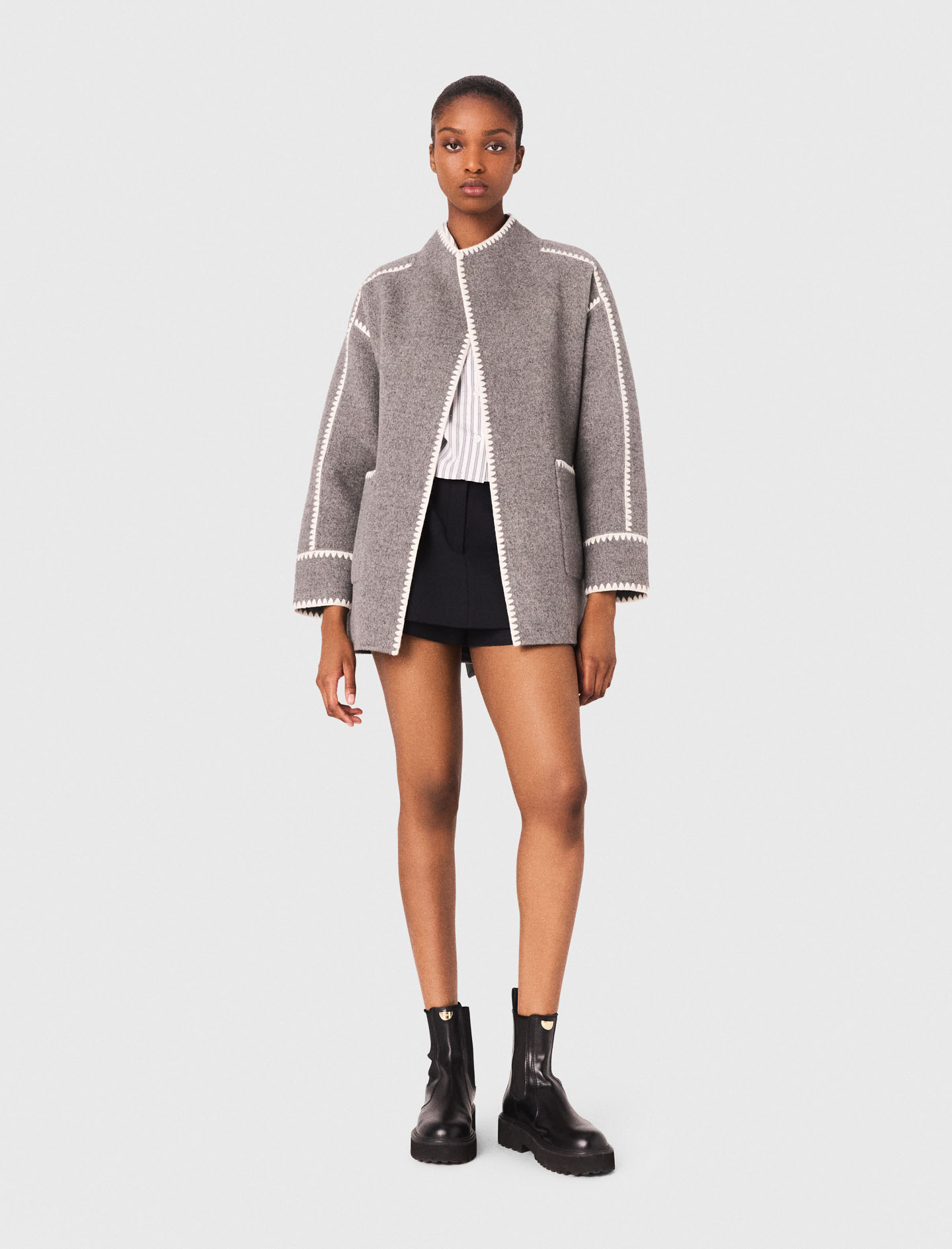 Maje Woman's wool Double-faced coat with trim for Fall/Winter, in color Grey/White /