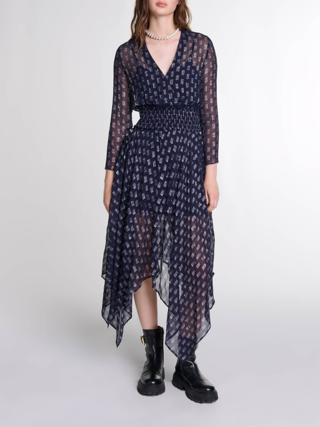 Maje Woman's viscose Asymmetrical floral maxi dress for Fall/Winter, in color Navy / Blue