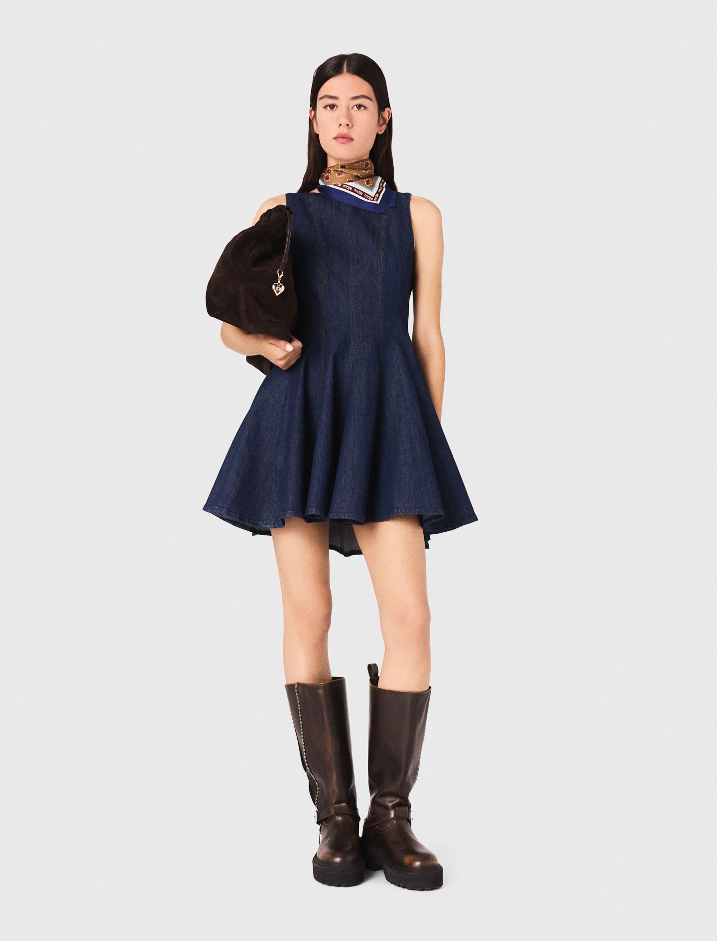 Maje Woman's cotton Mini denim dress with ruffles for Fall/Winter, in color Navy / Blue