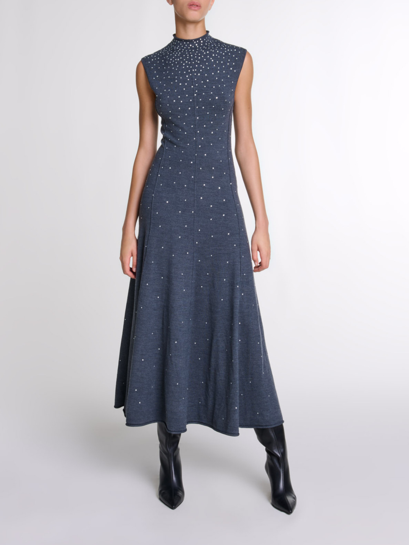 Maje Woman's acrylic Knit maxi dress with rhinestones for Fall/Winter, in color Grey / Grey