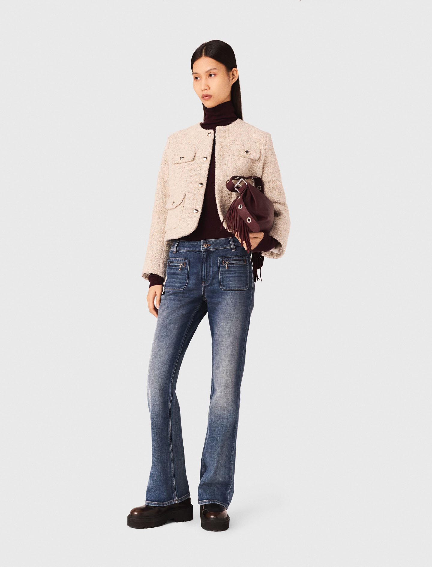 Maje Woman's acrylic Short boucle tweed jacket for Fall/Winter, in color Ecru / Beige