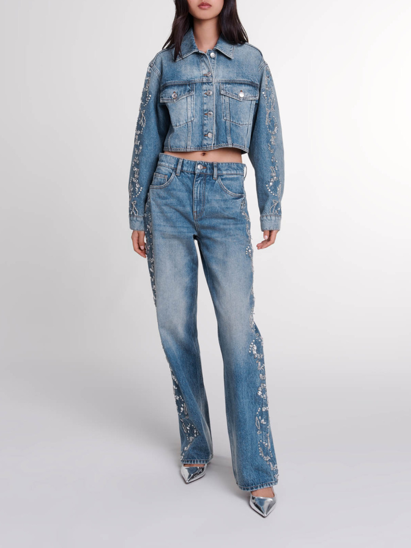 Maje Woman's cotton Embroidered denim jacket for Fall/Winter, in color Blue / Blue