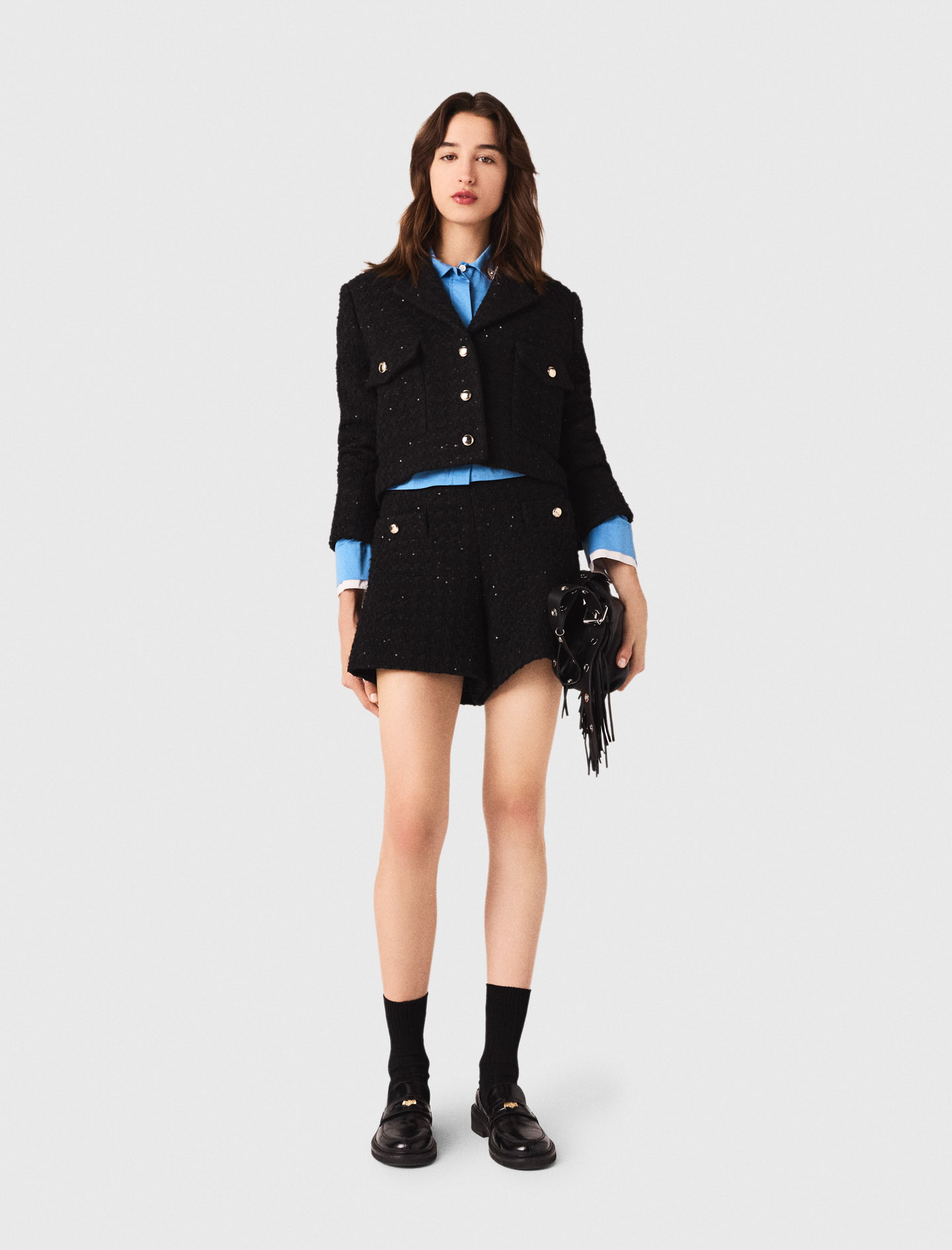 Maje Woman's cotton Short rhinestone tweed jacket for Fall/Winter, in color Black / Black