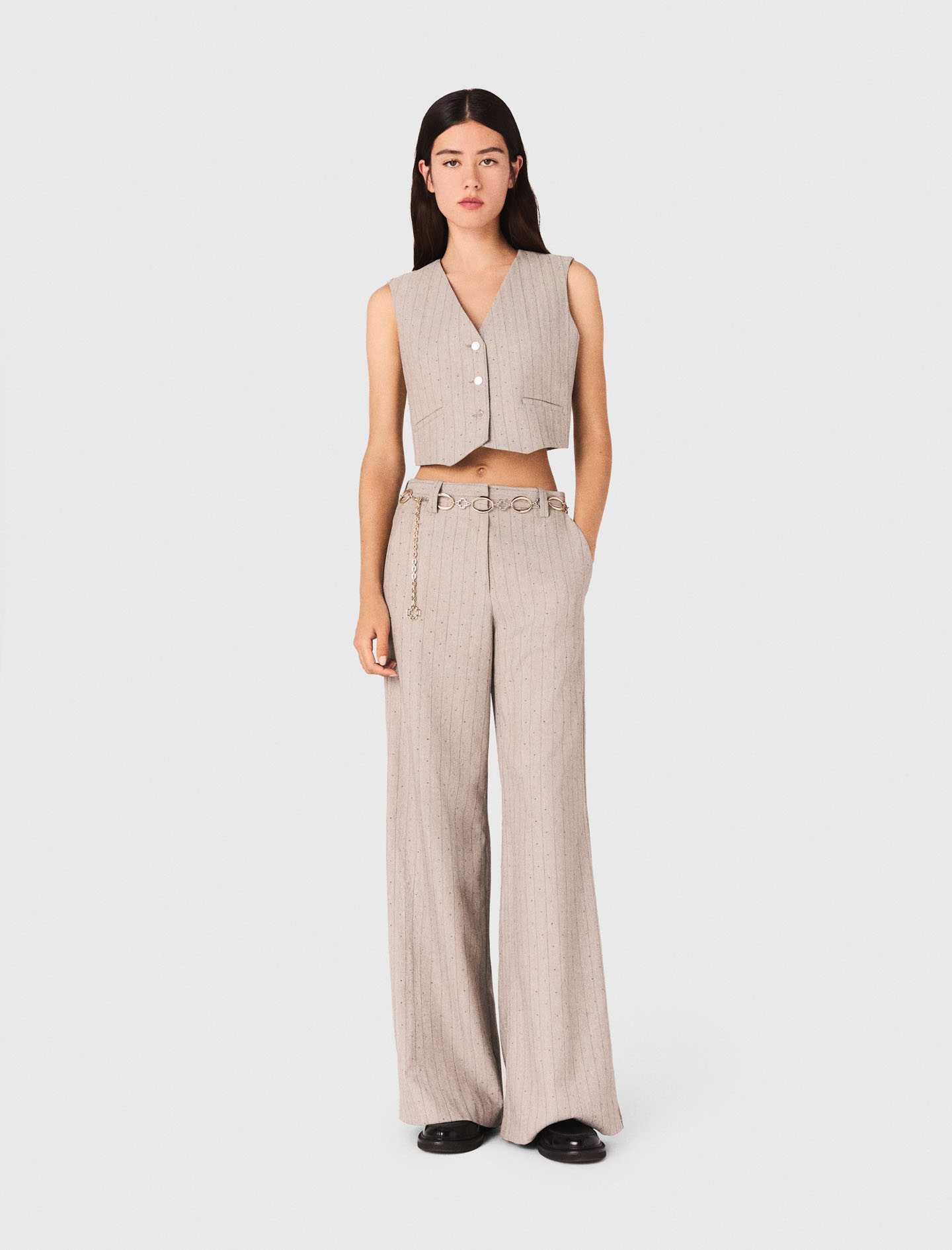 Maje Woman's polyester Rhinestone suit trousers for Fall/Winter, in color Light Grey / Grey