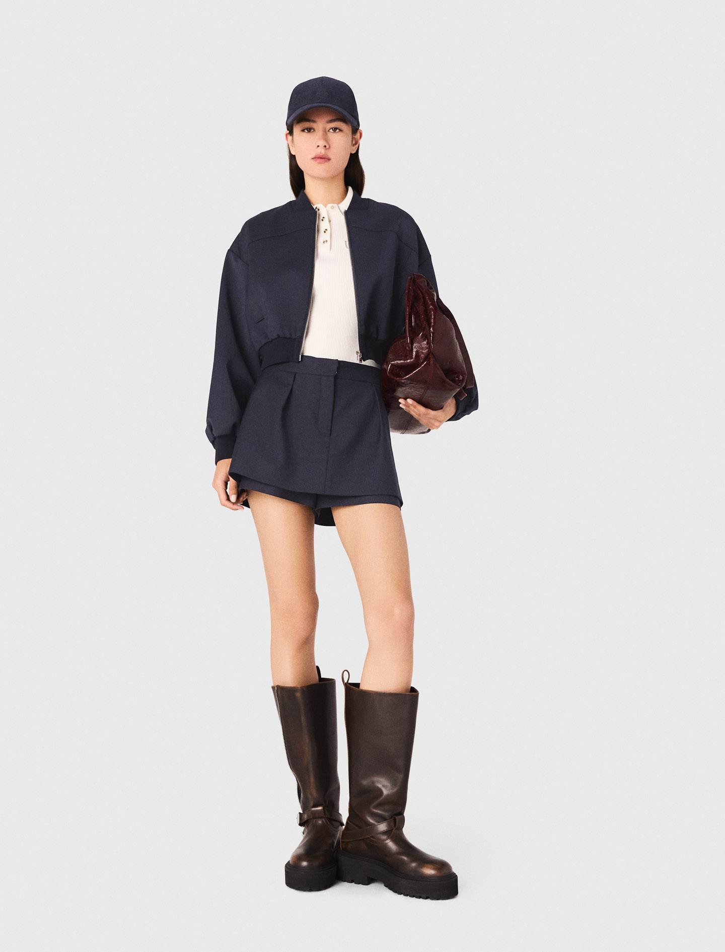 Maje Woman's polyester Zipped mix wool bomber for Fall/Winter, in color Navy / Blue