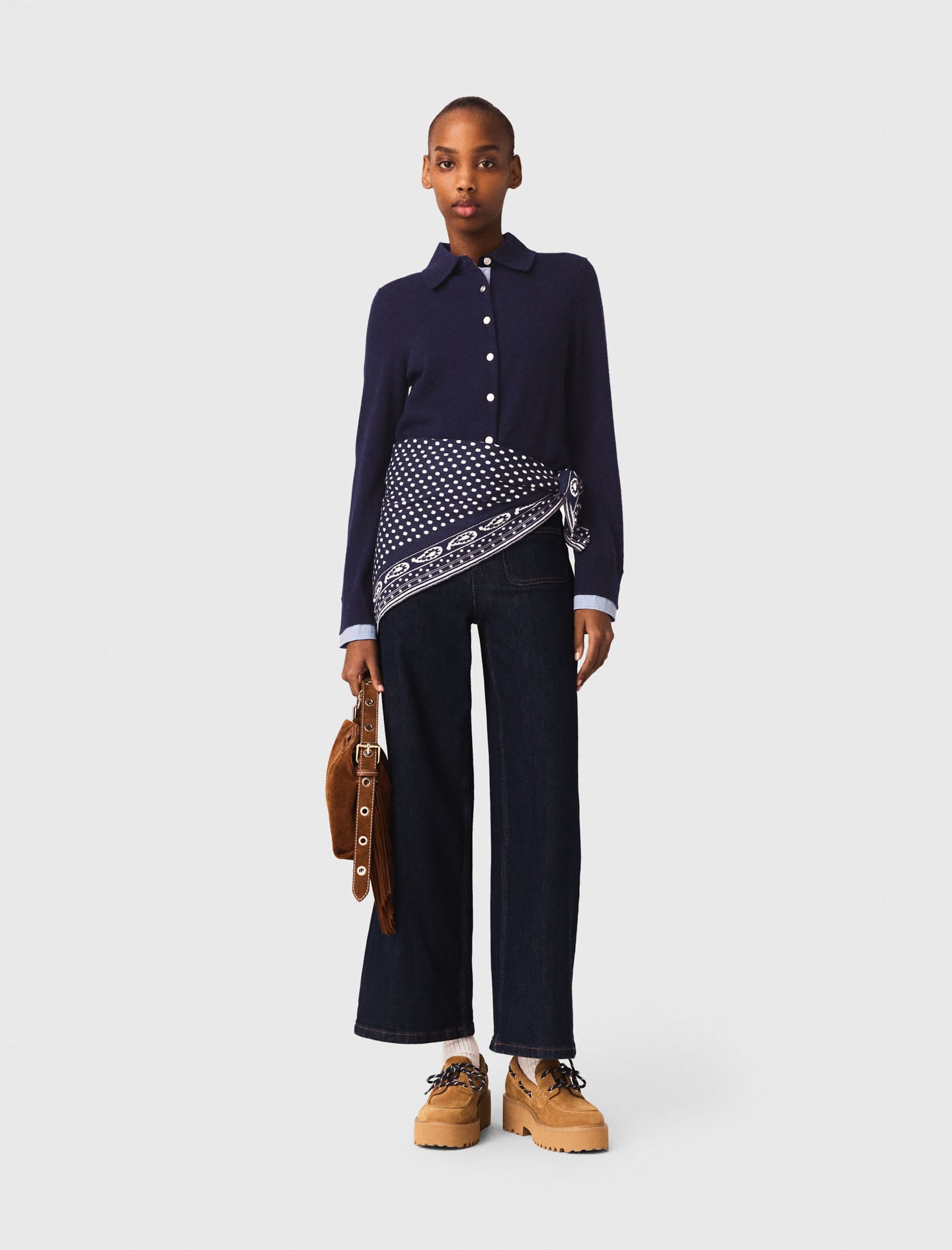 Maje Woman's wool Polo cardigan with removable trims for Spring/Summer, in color Navy / Blue