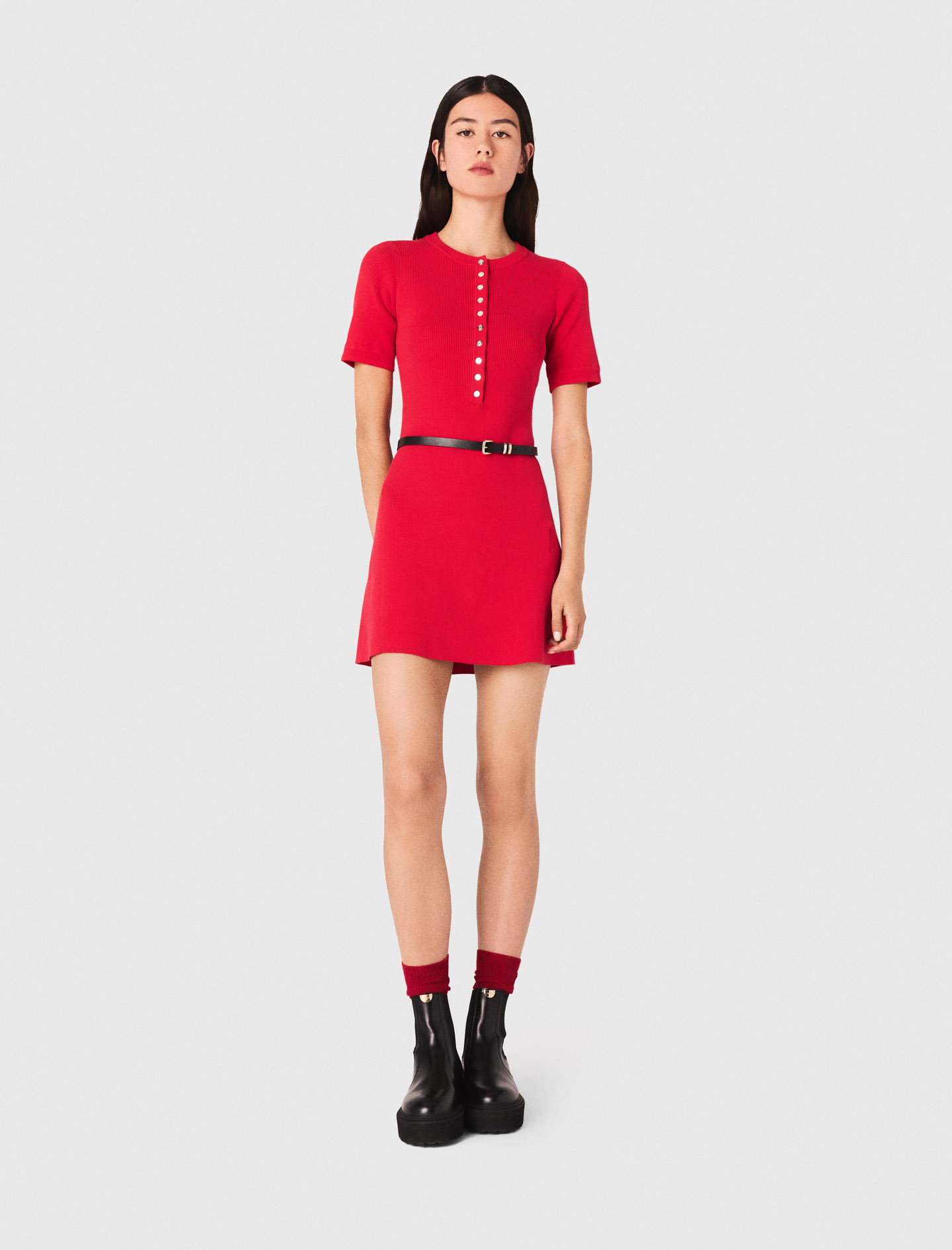Maje Woman's cotton Mini ribbed knit dress for Fall/Winter, in color Red / Red