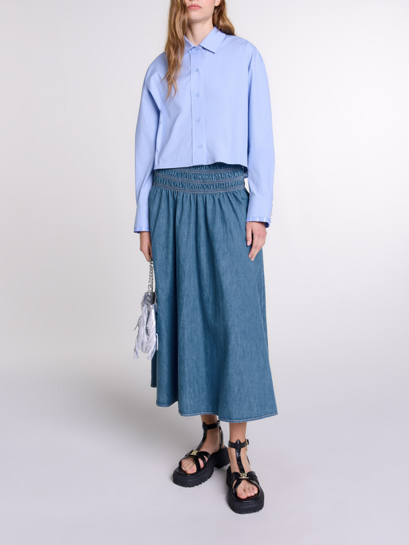 Maje Woman's cotton Smocked denim skirt for Fall/Winter, in color blue jean /