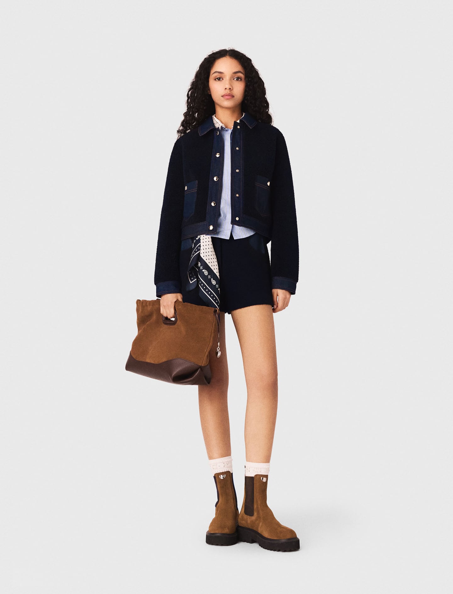 Maje Woman's cotton Bouclé and denim jacket for Spring/Summer, in color Navy / Blue