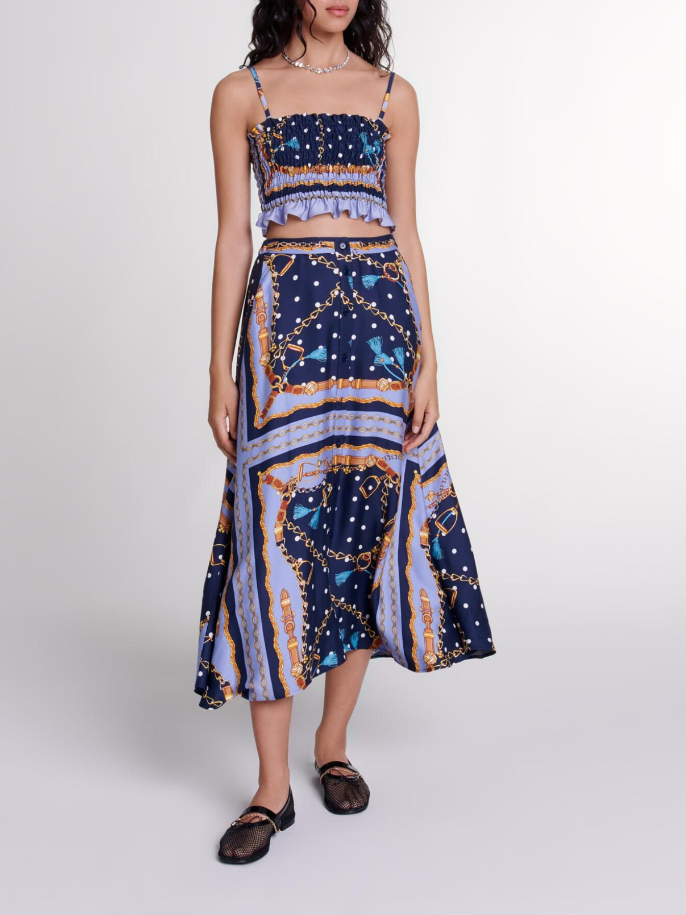 Maje Woman's viscose Satin-effect patterned short skirt for Fall/Winter, in color Chain scarf print blue /