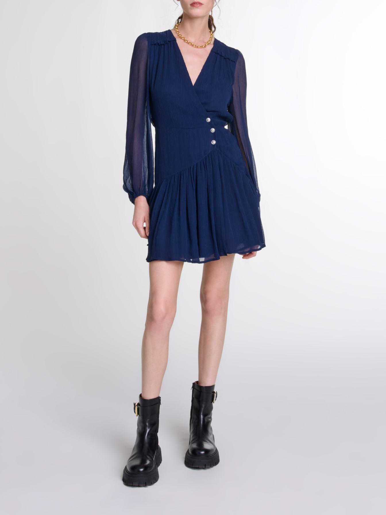 Maje Woman's cupro Short ruffled dress for Fall/Winter, in color Navy / Blue
