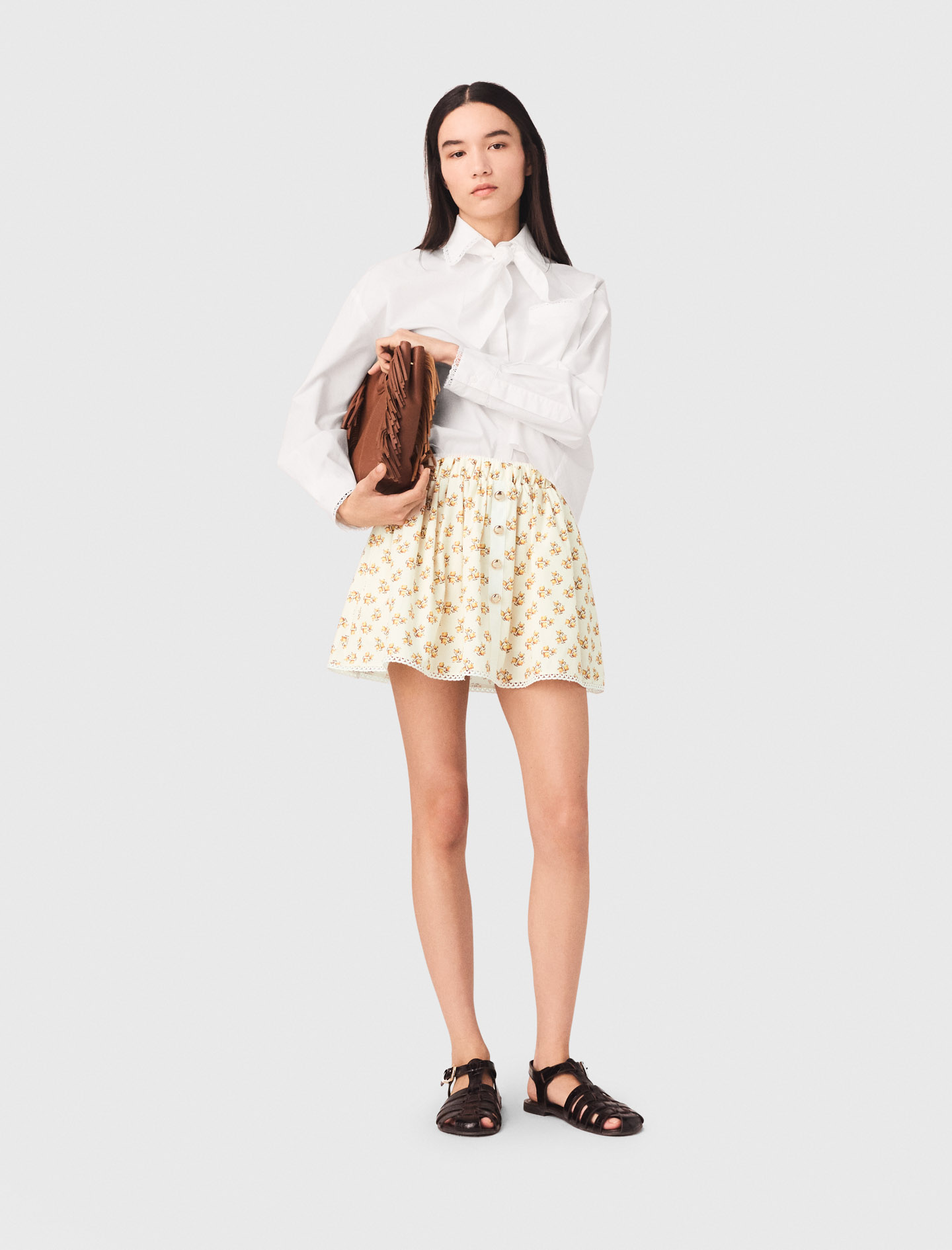 Maje Woman's lyocell Printed skirt with rickrack trim for Spring/Summer, in color Yellow Small Flowers Print /