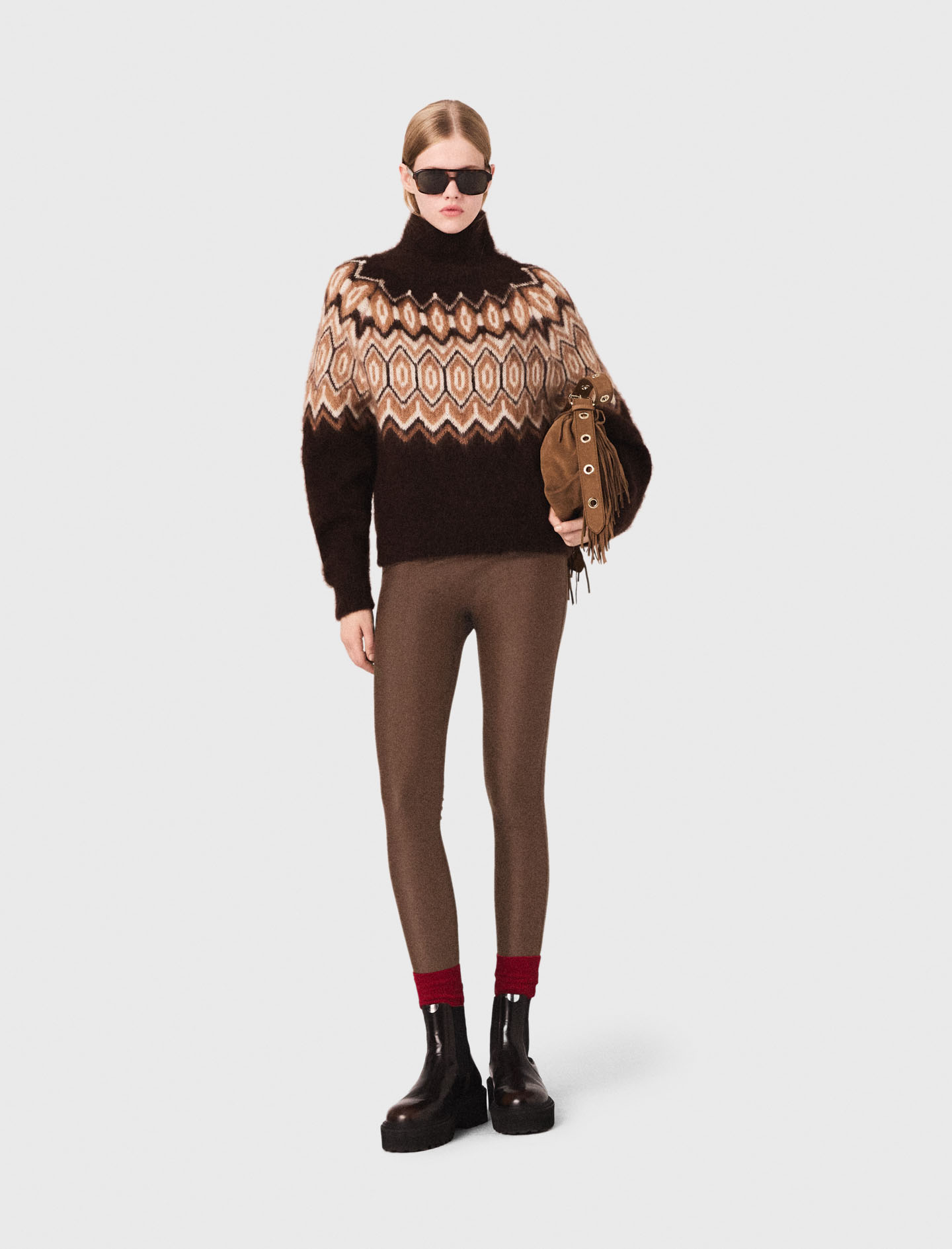 Maje Woman's mohair Fair Isle high-neck sweater for Fall/Winter, in color Dark brown /