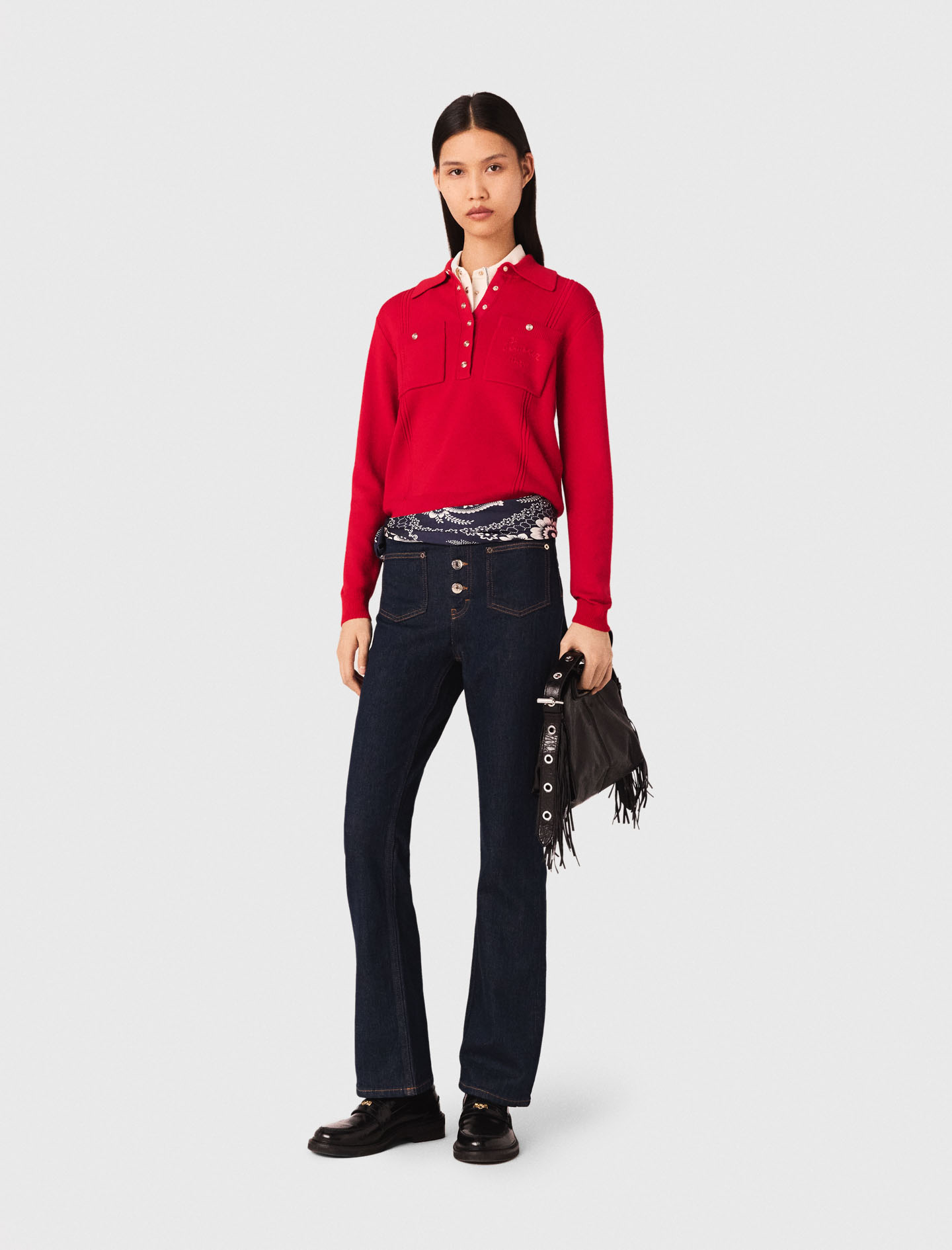 Maje Woman's acrylic Polo collar sweater with embroidery for Fall/Winter, in color Red / Red