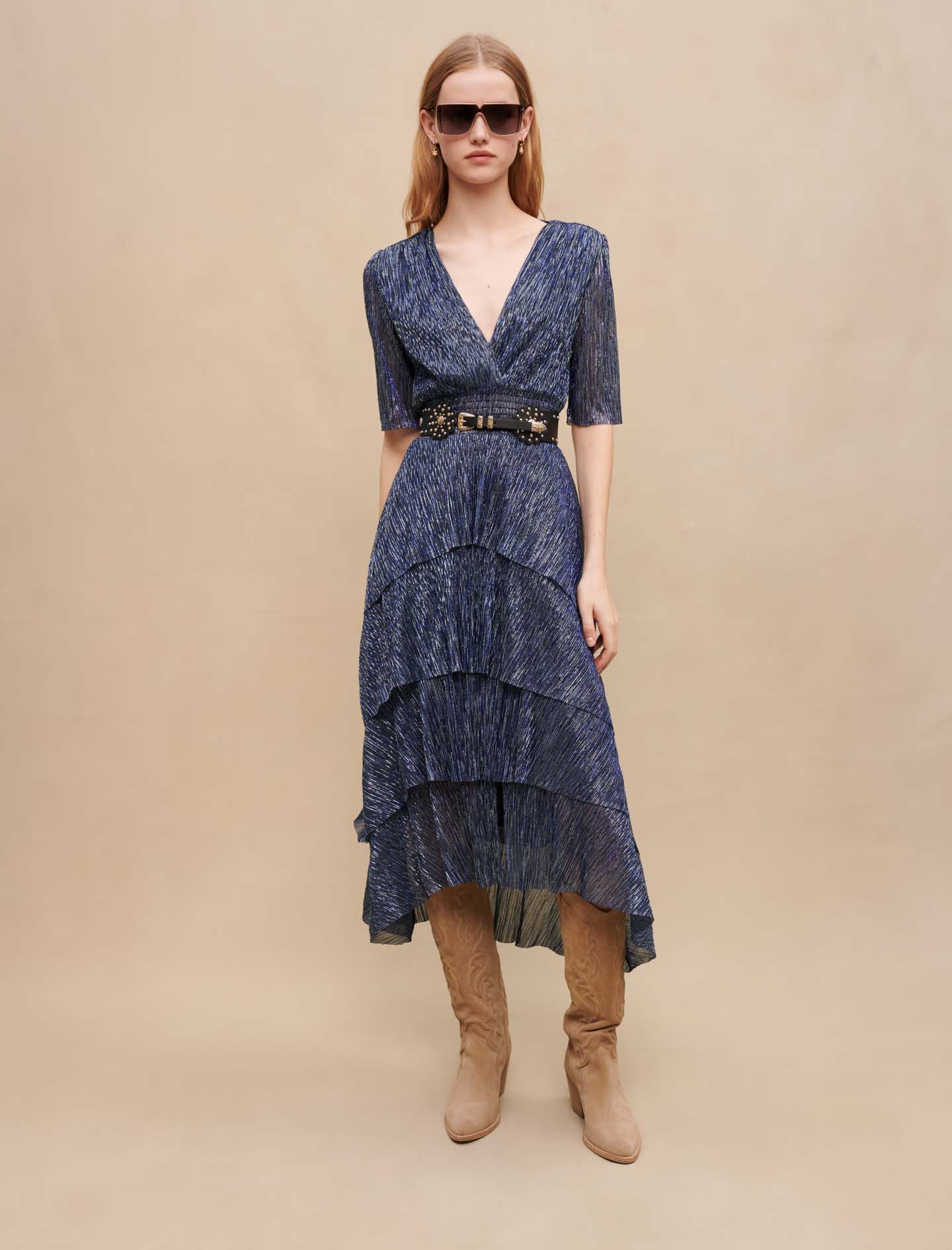 Stretch lurex ruffle dress Blue For Women | Maje