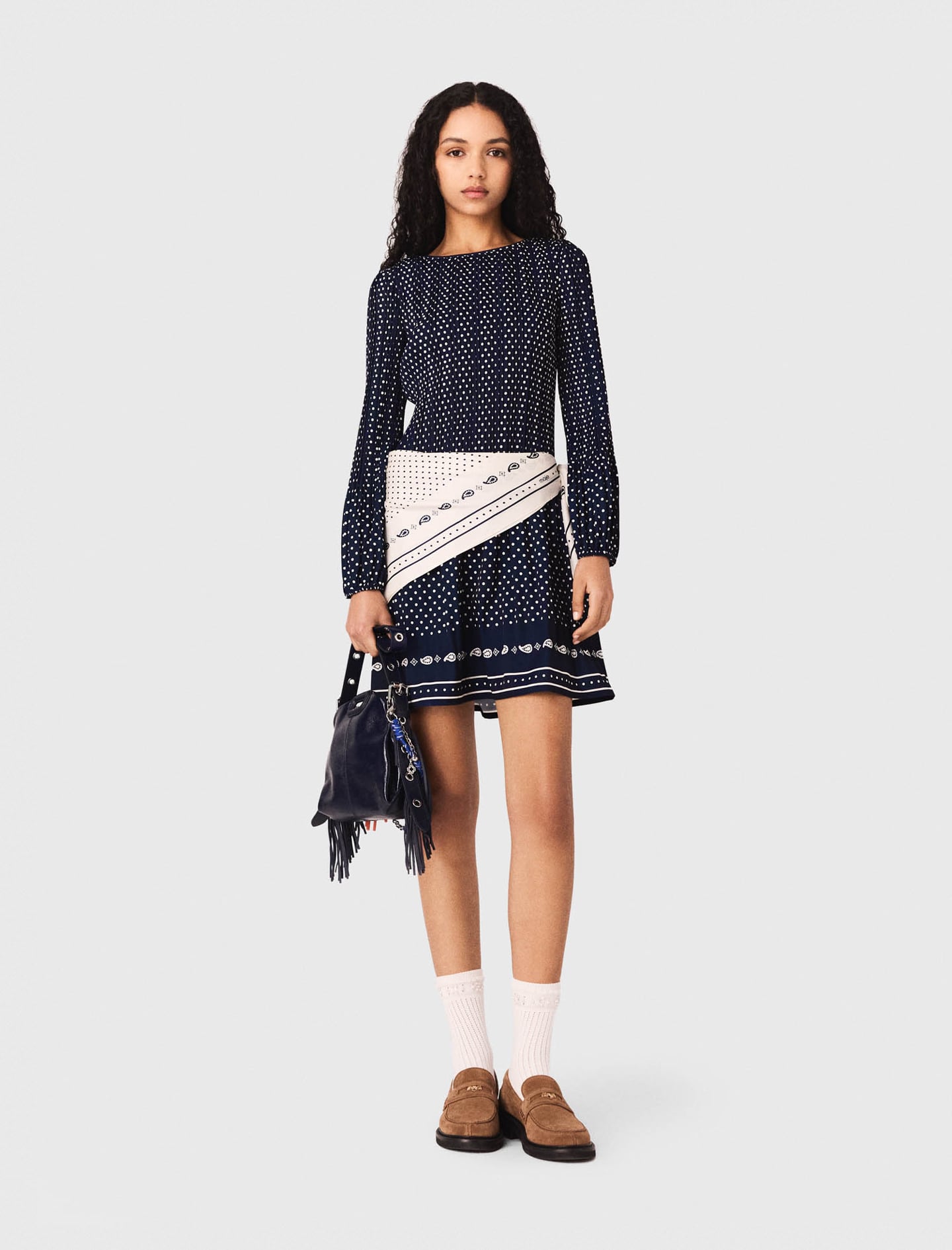 Maje Woman's polyester Bandana print pleated dress for Spring/Summer, in color Navy Dot Bandana Print /