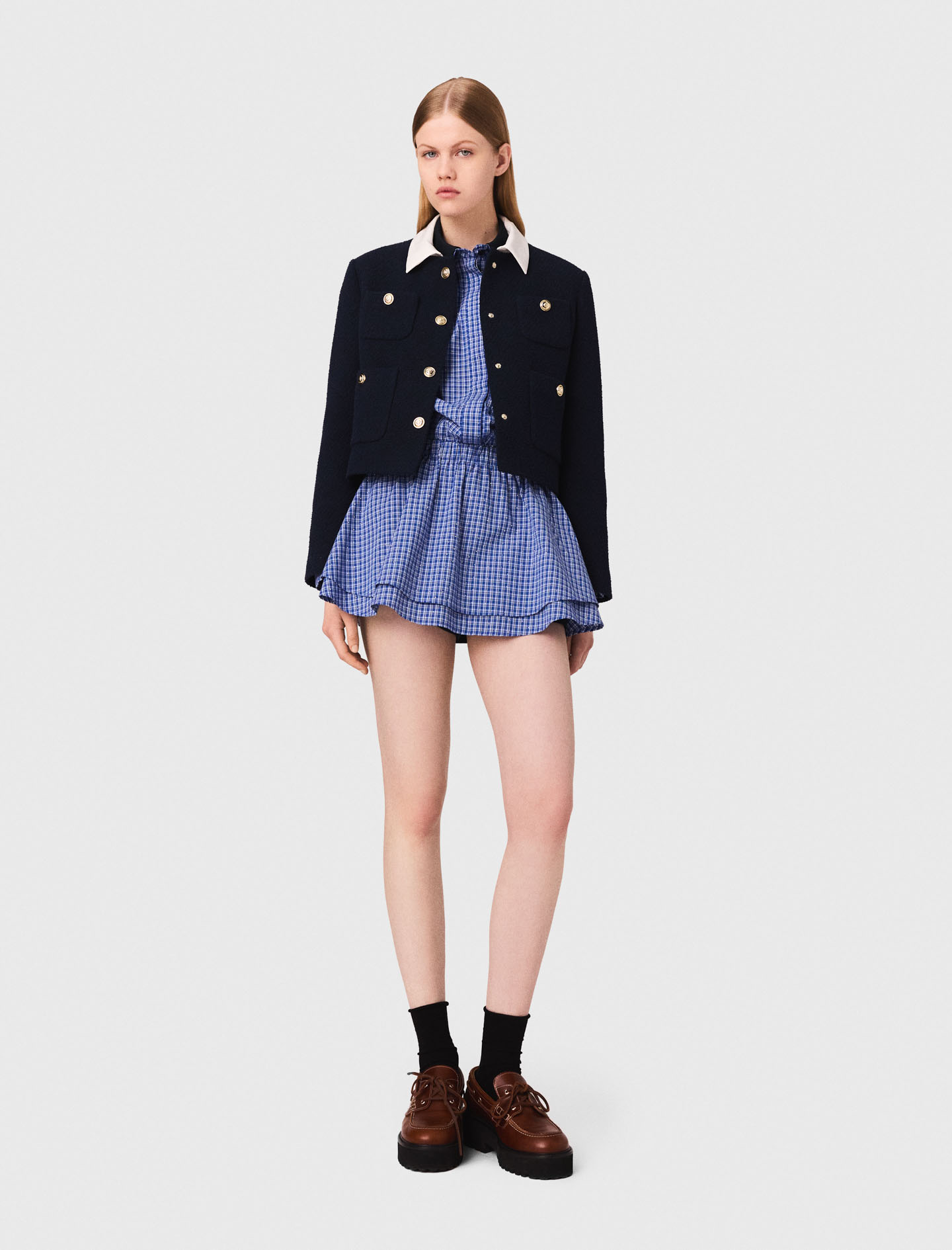 Maje Woman's cotton Cropped tweed jacket, removable collar for Fall/Winter, in color Navy / Blue