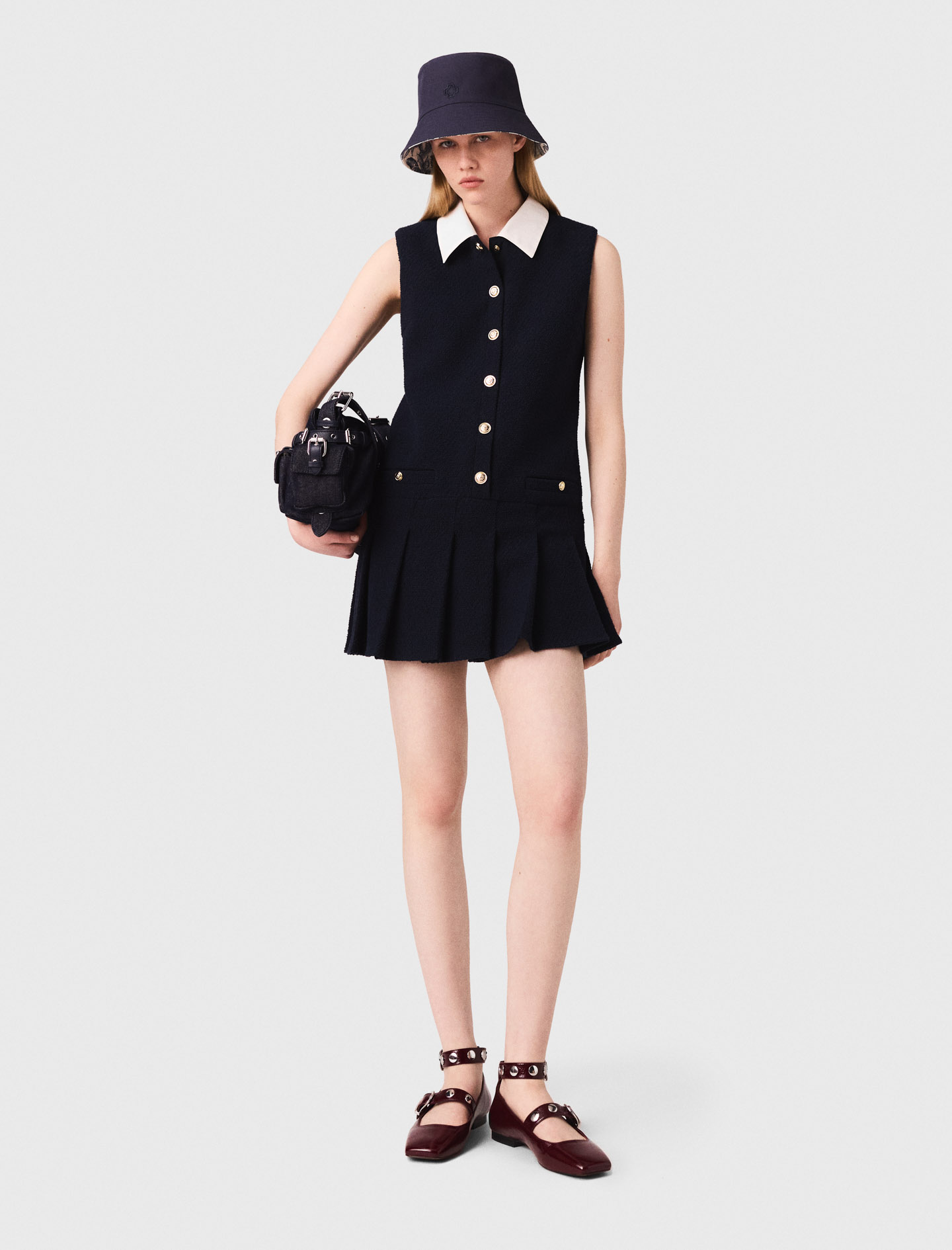 Maje Woman's cotton Mini tweed dress with removable collar for Fall/Winter, in color Navy / Blue