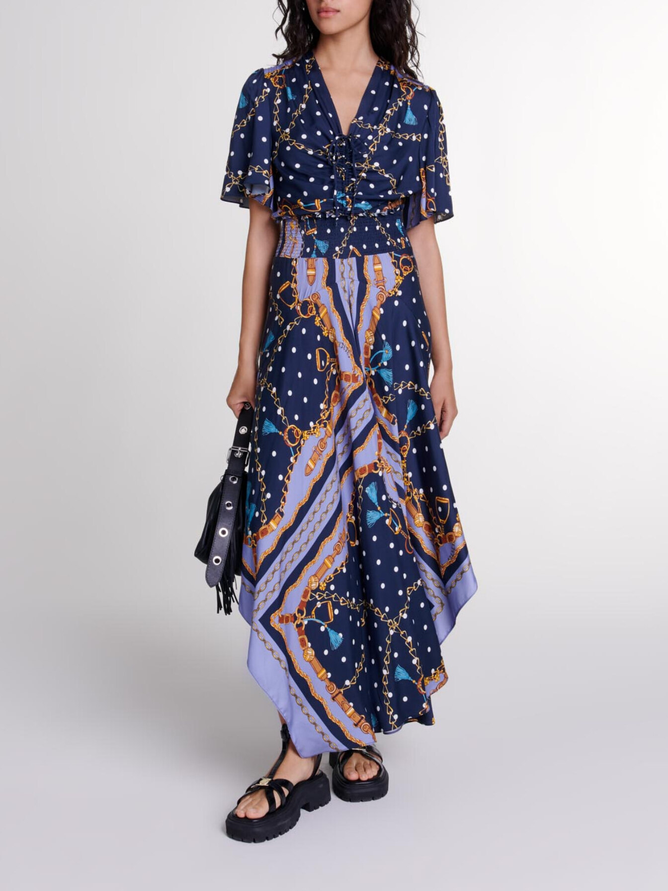 Maje Woman's viscose Satin-look patterned maxi dress for Fall/Winter, in color Chain scarf print blue /