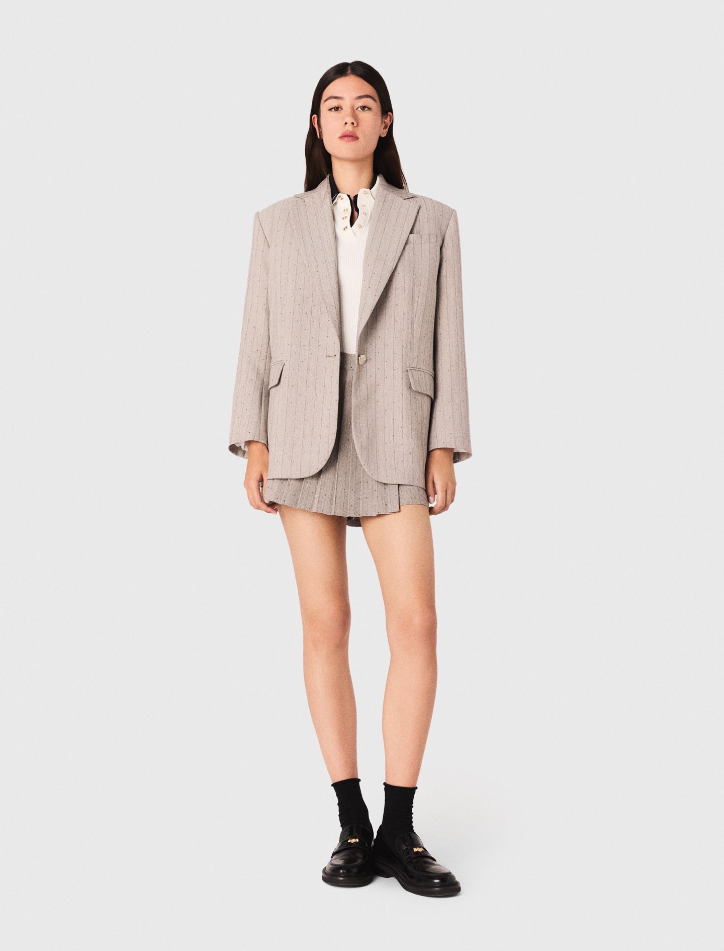 Maje Woman's polyester Rhinestone striped suit blazer for Fall/Winter, in color Light Grey / Grey